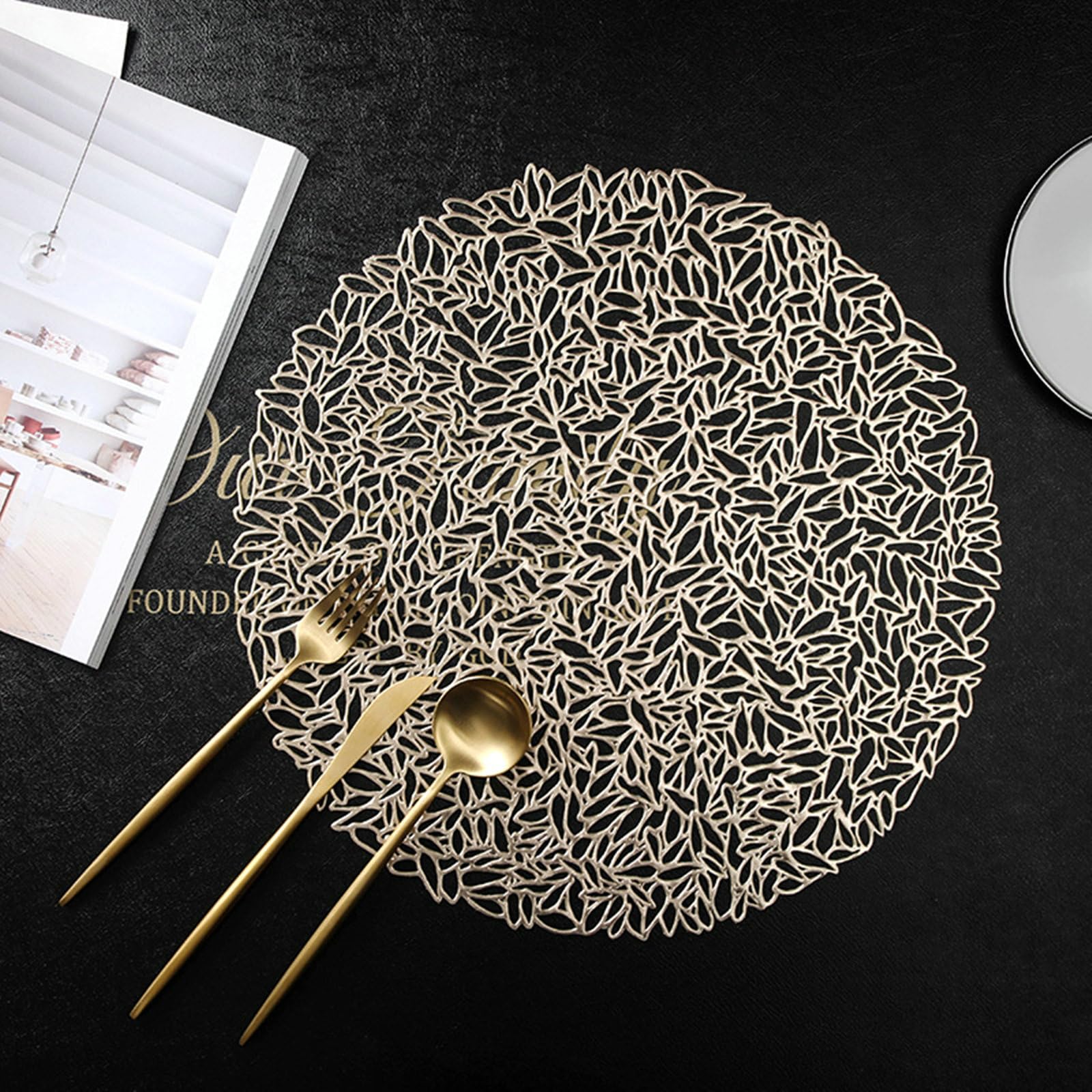 Juego de 8 manteles individuales redondos de cocina, lavable, diseño de hojas, circular, vacío, antideslizantes, resistentes al calor y antimanchas, color dorado, 38 cm
