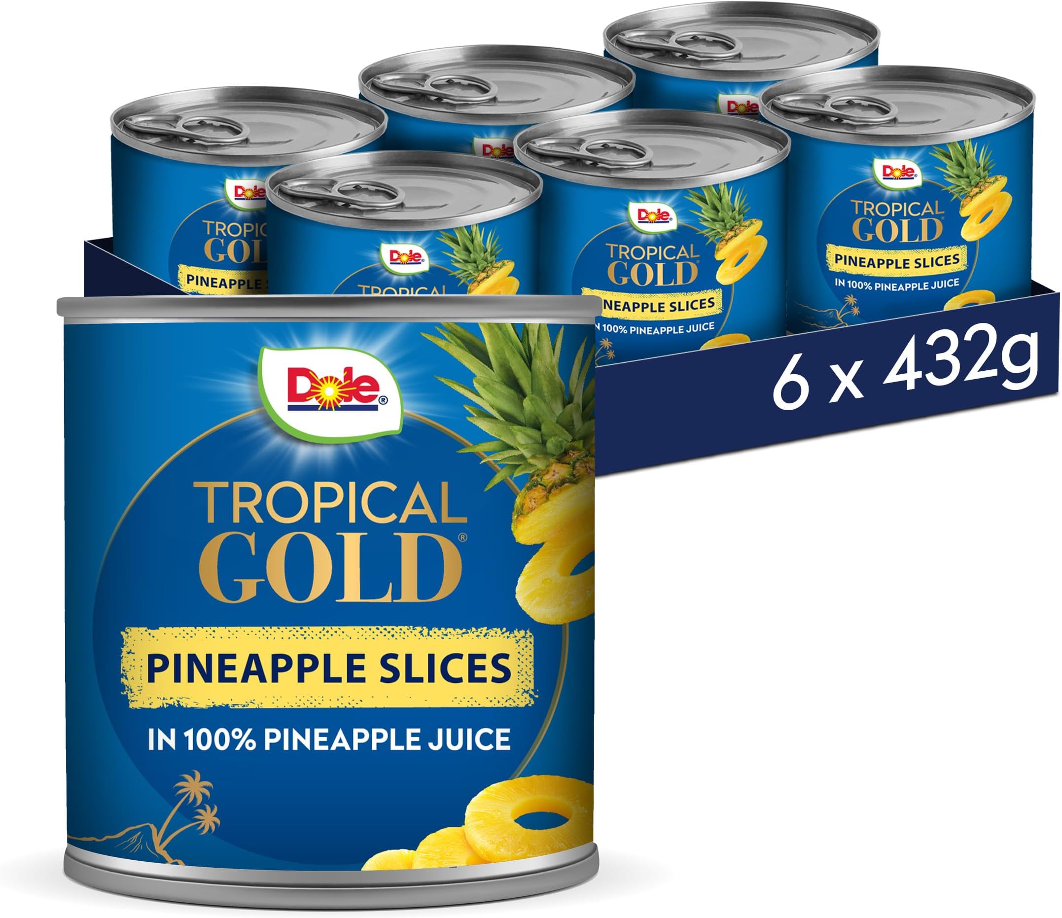 Dole Tropical Gold Premium Tinned Pineapple Slices in Juice 6 x 432g, Healthy Snack Made with Fresh Fruit, No Added Sugar Pineapple Cans, Perfect for Breakfast & Dessert or Adding to Recipes
