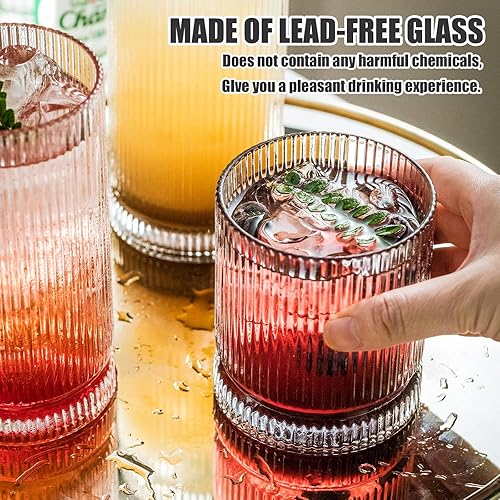 Miniatura 8 de KEMORELA Juego de 8 vasos para beber, cristalería acanalada, cristalería acanalada, 4 vasos acanalados de 16 onzas y 4 vasos de whisky de 13 onzas,