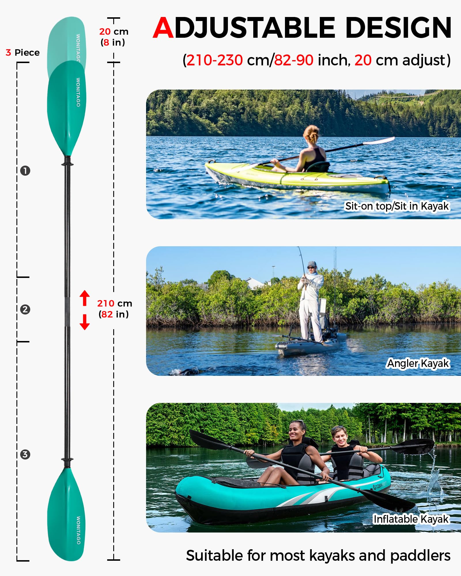 Pala de kayak con eje de fibra de carbono y hoja de nailon reforzada, remos ajustables para kayak, 3 piezas, 210-230 cm, verde azulado