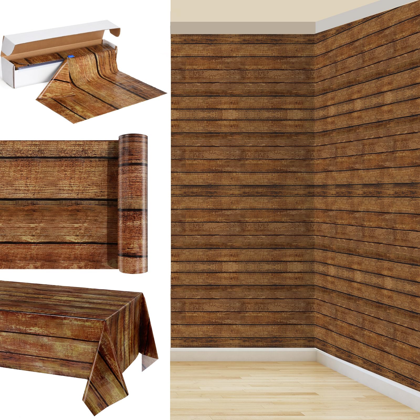 Irenare 1 Pcs Brown Wood Grain Tablecloths Rustic Plastic Table Covers for Rectangle Table, Vintage Farmhouse Tablecloth Decorations for Western Barn Birthday Wedding (54 Inch X 100 ft)