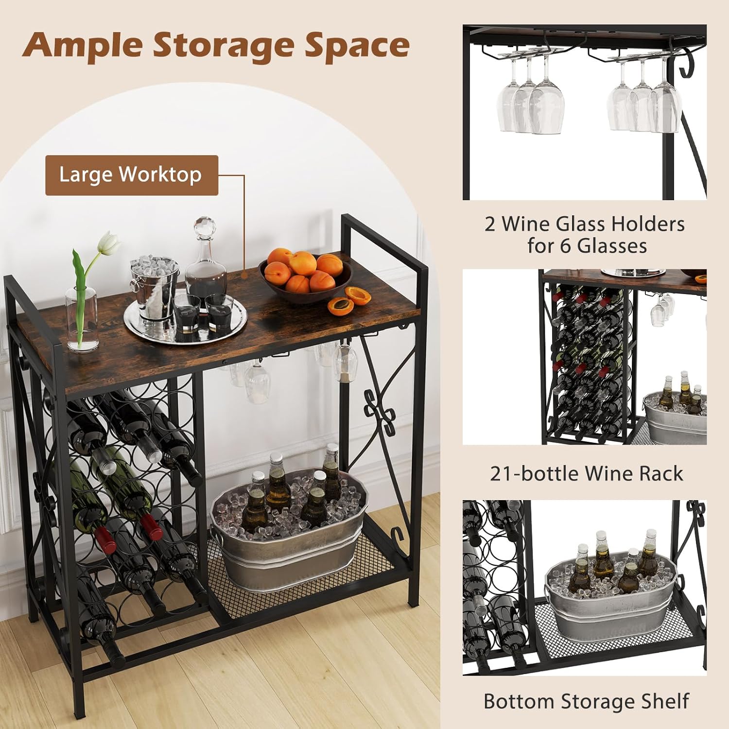 Giantex 21-Bottle Wine Rack Freestanding Floor, Wine Bar Table with 6-Glass Wine Glass Holder, Industrial Wine Display Storage Shelf, Liquor Coffee Bar Cabinet for Home, Dining Room (Rustic Brown)