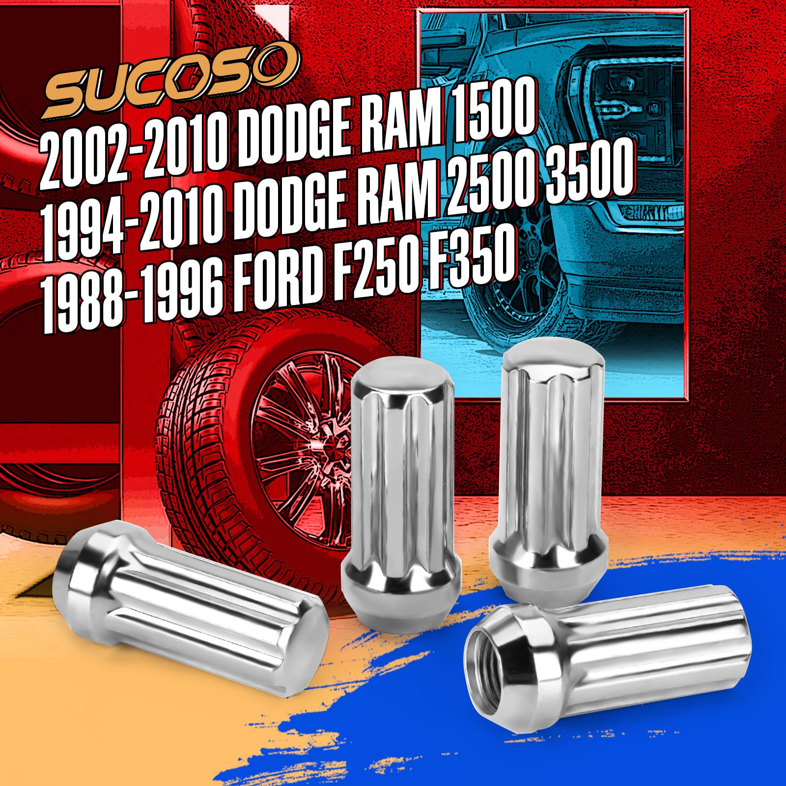 Écrous de roue 9/16-18 pour Dodge Ram 2500 3500 1994-2011, Ram 1500 2002-2010, Ford F250 F350 1988-1998, Durango 2004-2009, 32 écrous de roue à 7 cannelures 9/16 x 18 chrome avec clé à douille pour