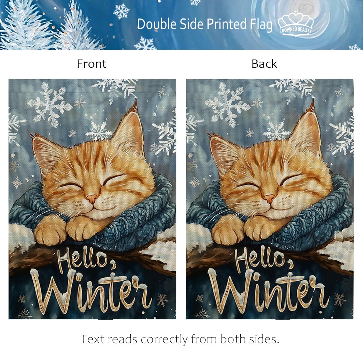 CROWNED BEAUTY Hello Winter Garden Flag Cat 12x18 Inch Double Sided Blue Decoration for Outside Yard CF1905-12 - Image 6