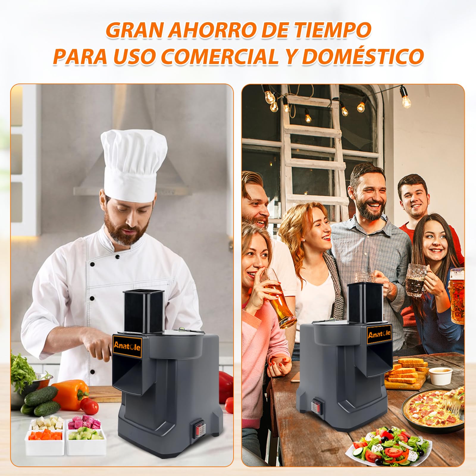 Anatole Cortador de Verduras en Cubos Eléctrico Comercial con 3 Cuchillas | 9mm/ 12mm/ 16mm Cuchillas de Acero Inox, para Patata Zanahoria Pepino Cebolla Fruta, para Restaurante Hotel Hogar, 100W 220V
