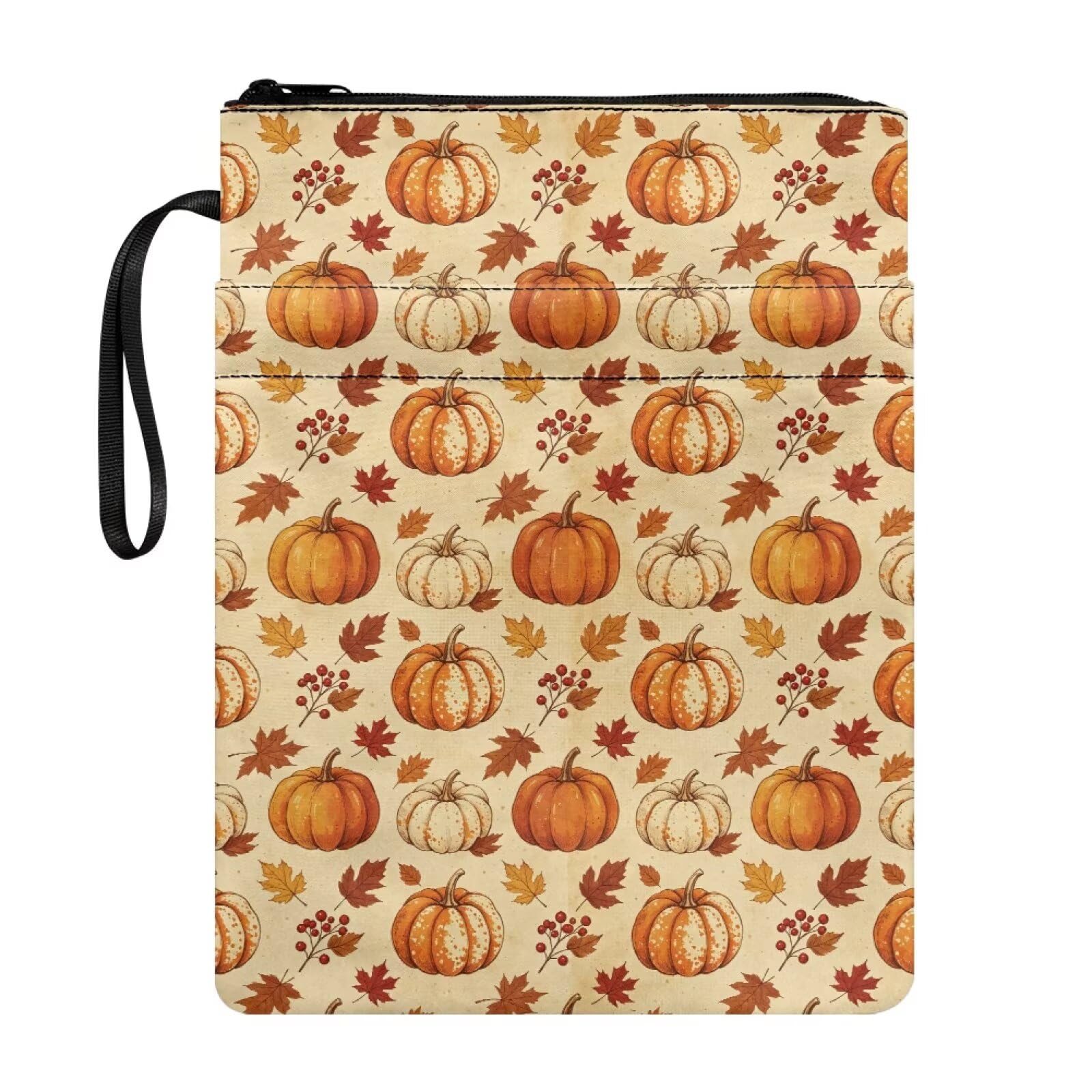 Poceacles Book Cover Sleeve for Paperbacks, Fall Autumn Printed Washable Fabric Portable Textbook Protector with Zipper for Book Lovers, Beige Maple Leaf Pumpkin