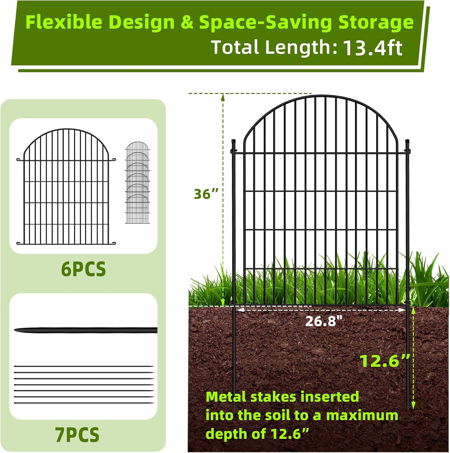 6 Panels 36in H x 13.5ft L Garden Fence, Animal Barrier, Decorative Rustproof Metal No Dig Fence Panels, Garden Edging Border Panel Fencing for Outdoor, Yard, Patio