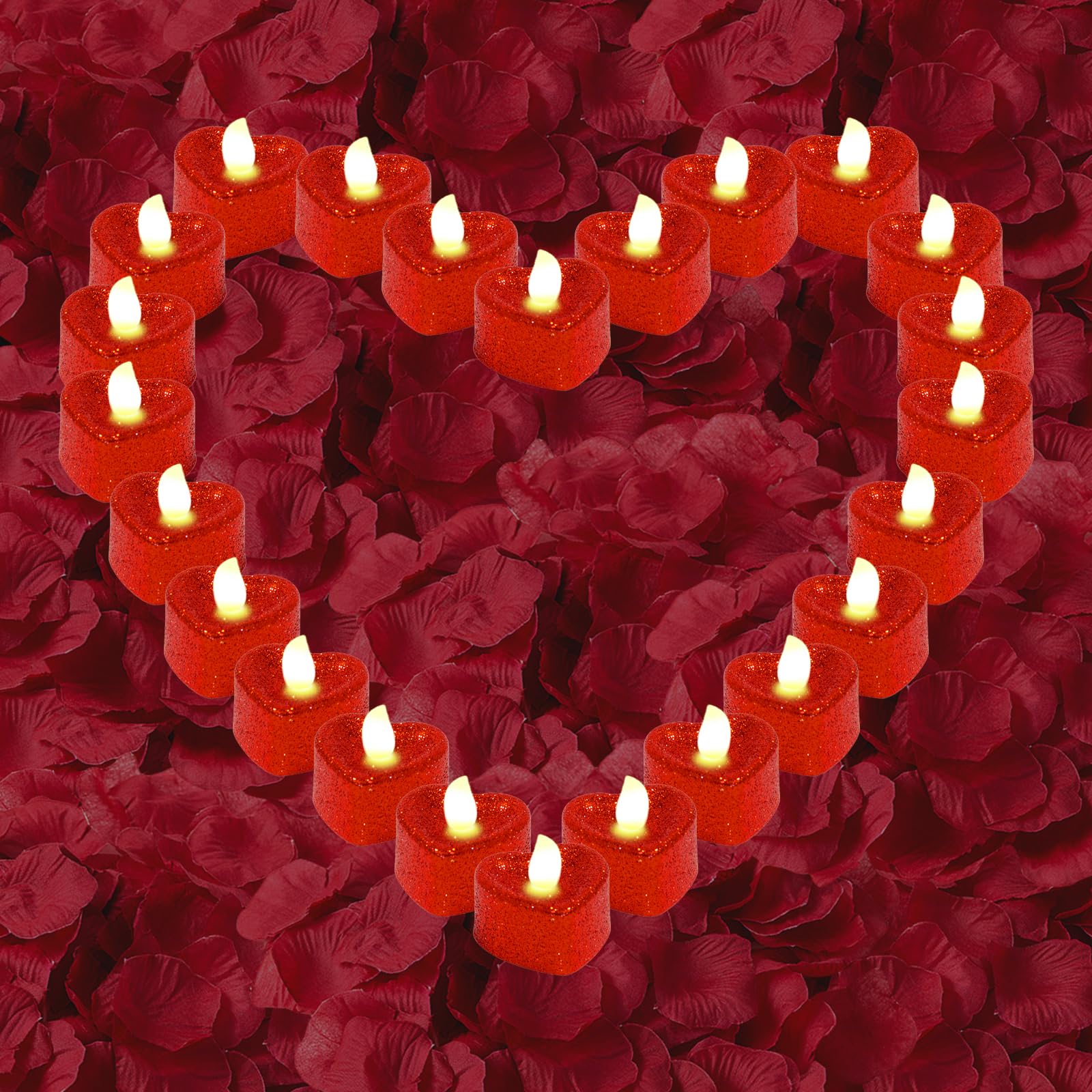 24 velas románticas con forma de corazón, 1000 unidades de pétalos de rosa y velas LED rojas, en forma de corazón, románticas velas de té, para bodas, Navidad, San Valentín