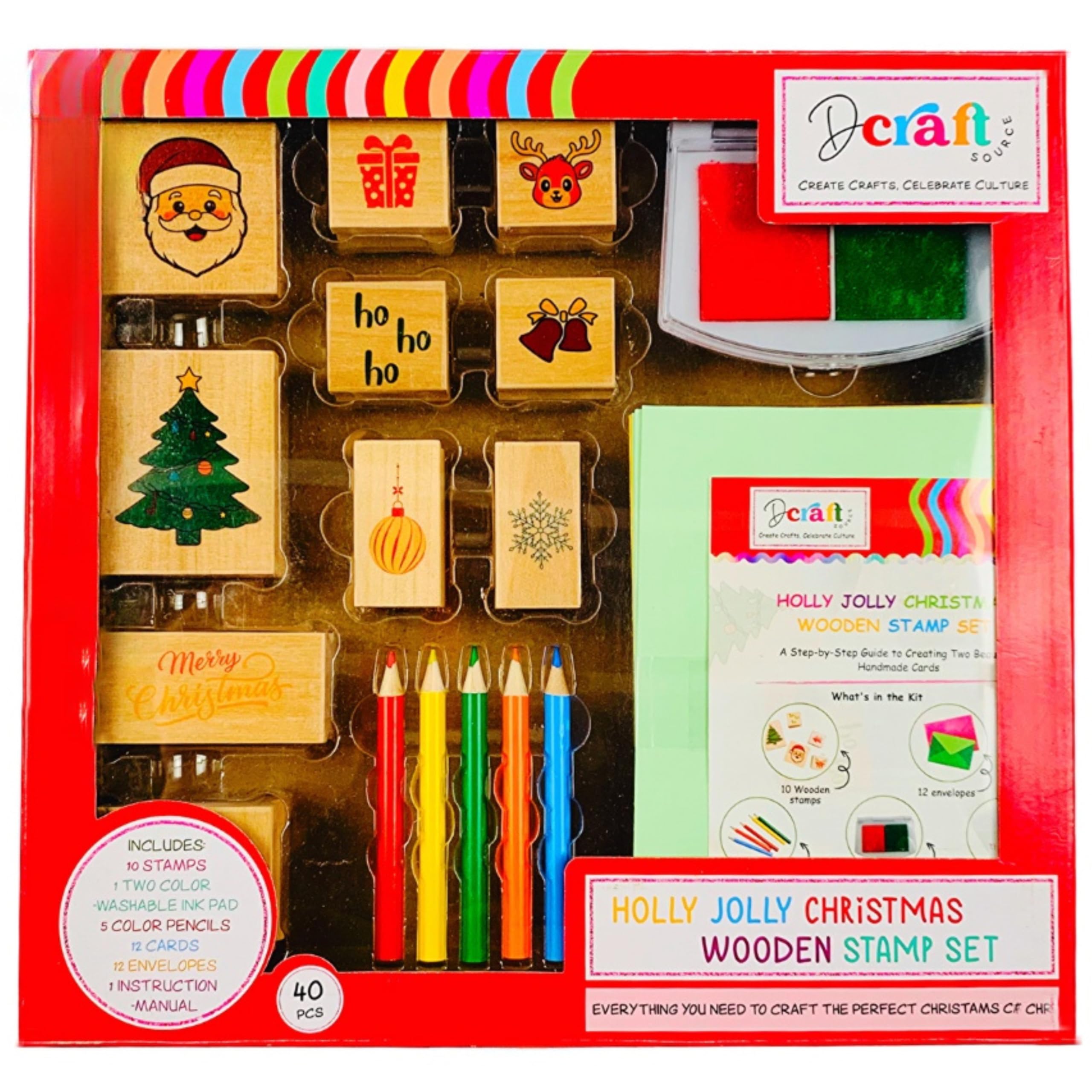 Dcraftsource Merry Christmas Activity Craft Kit – Card Making Set with Stamps, Ink Pads, Colored Pencils, Blank Cards, and Envelopes