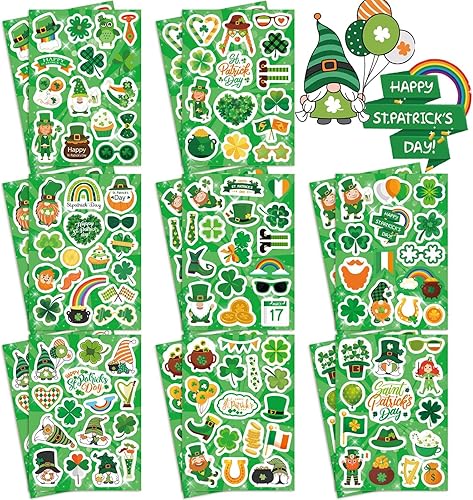 Calcomanías del Día de San Patricio para niños, 16 hojas, 216 unidades, vinilo, impermeable, tema del día de San Patricio, sombrero de trébol de la Calcomanías del Día de San Patricio para niños, 16 hojas, 216 unidades, vinilo, impermeable, tema del día de San Patricio, sombrero de trébol de la