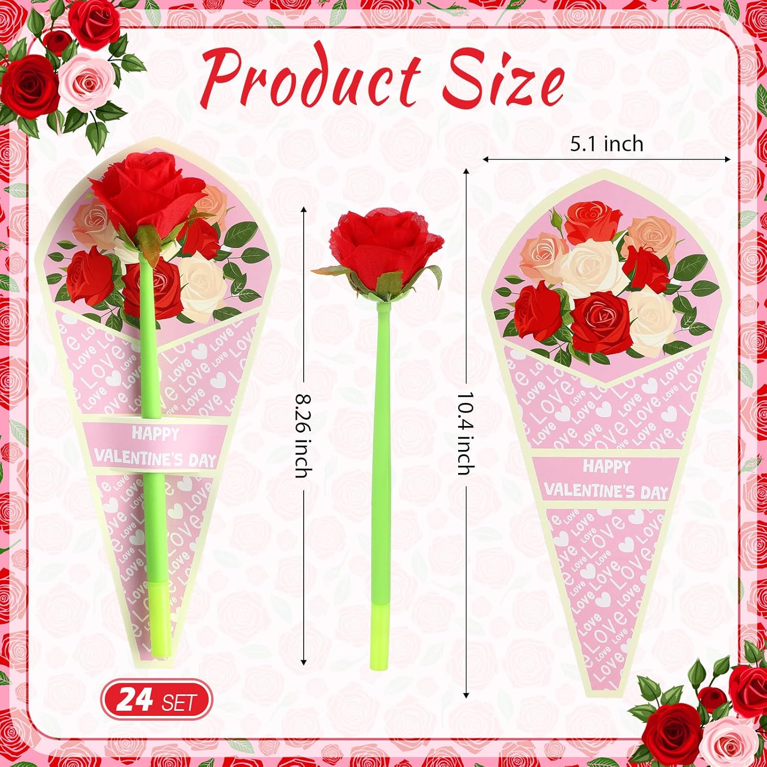 Sayglossy 24 Set Valentine's Day Flower Rose Pens with Gift Cards Black Ink Ballpoint Pens Valentine's Day Gifts for Women Teacher Cowork Nurse(Elegant)