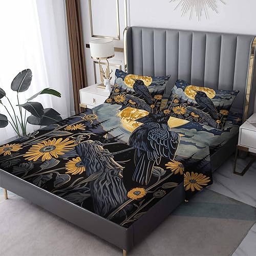 zcsm Crow Sheets Queen Size - Raven Bed Sheets, Soft Microfiber & Deep Pocket & Wrinkle Free Patterned Bedding Sheets & Pillowcases, 4 Piece (1