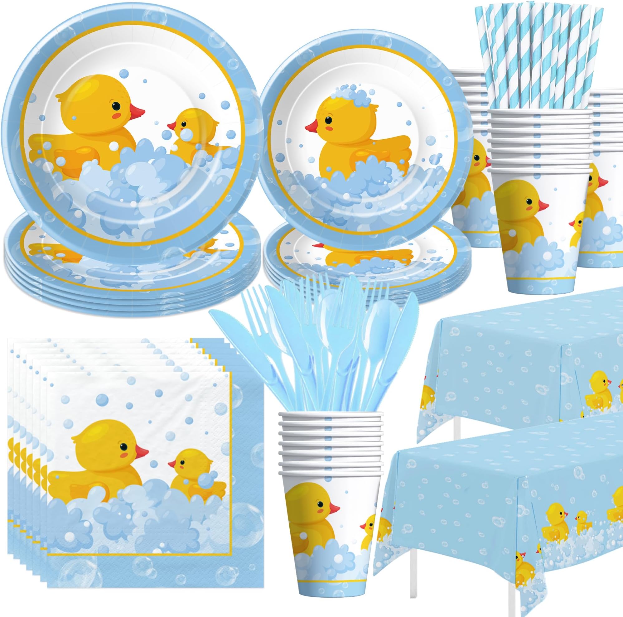 APOWBLS Rubber Duck Party Decorations Tableware - Bubble Bath Rubber Duck Party Supplies for Birthday Baby Shower, Paper Plate, Cup, Napkin, Tablecloth, Cutlery | Serve 24