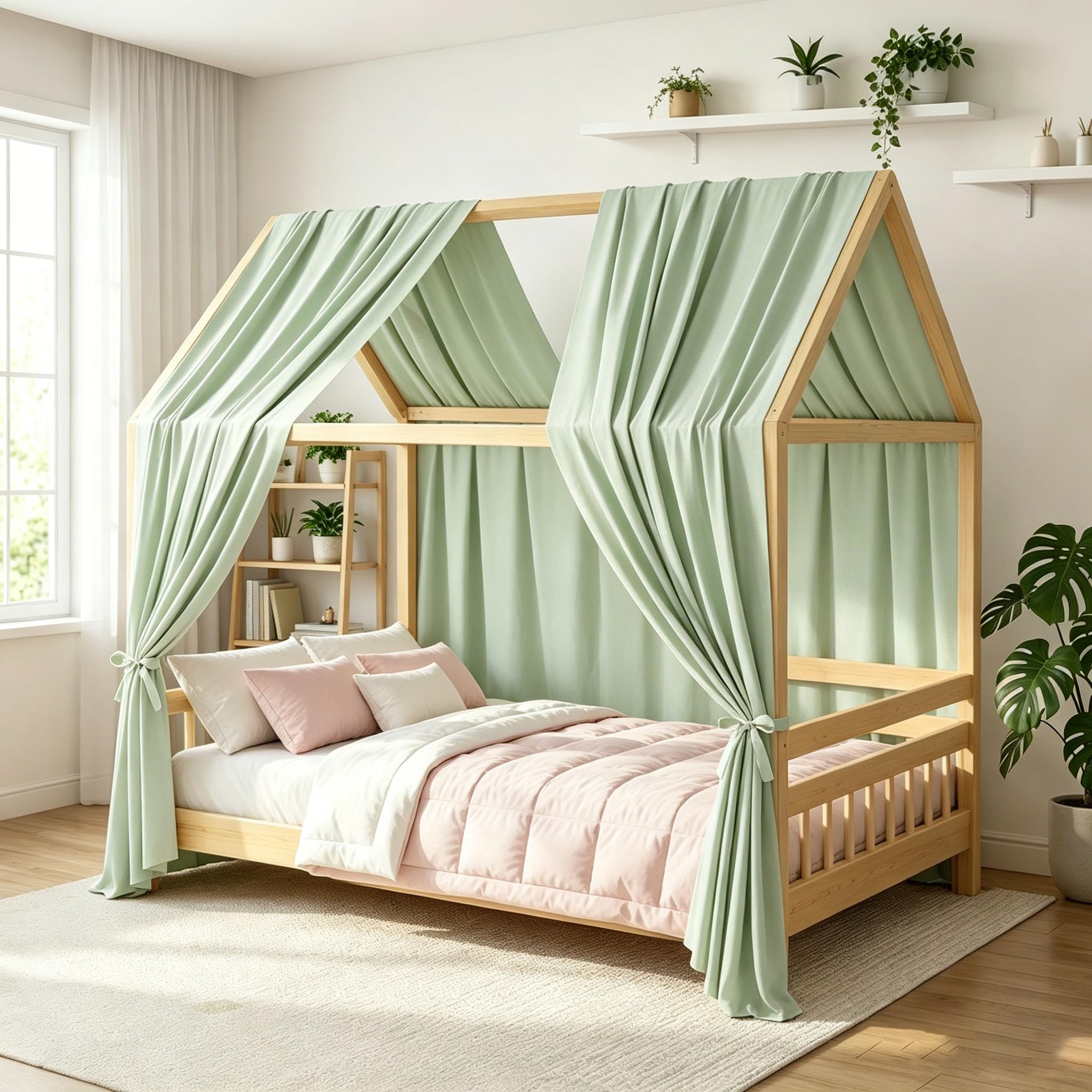 2 Stück Hausbett Himmel, Betthimmel Babybett aus Musselin,Weich und atmungsaktiv Baldachin Kinderzimmer Deko,Hausbett Himmel Deko Set für Mädchen & Jungen-62 x 270cm Hellgrün