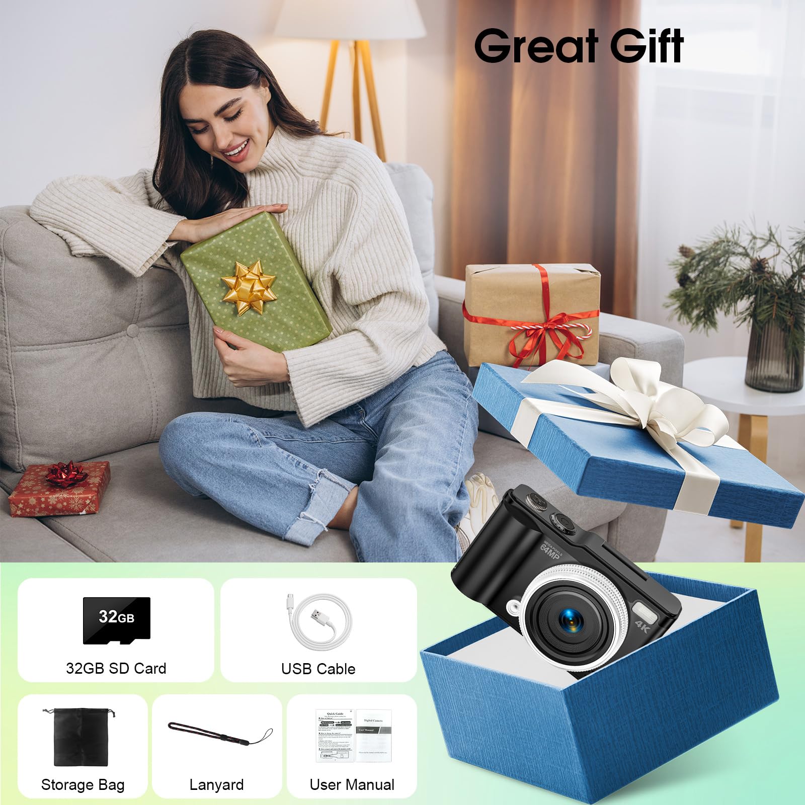 Digitalkamera, 4K 64 MP Kompakt-Digitalkamera mit Autofokus und Makrofunktion, 180°-Klappbildschirm, tragbare Selfie-Kamera für Fotos und Videos mit 32 GB SD-Karte für Anfänger und Jugendliche
