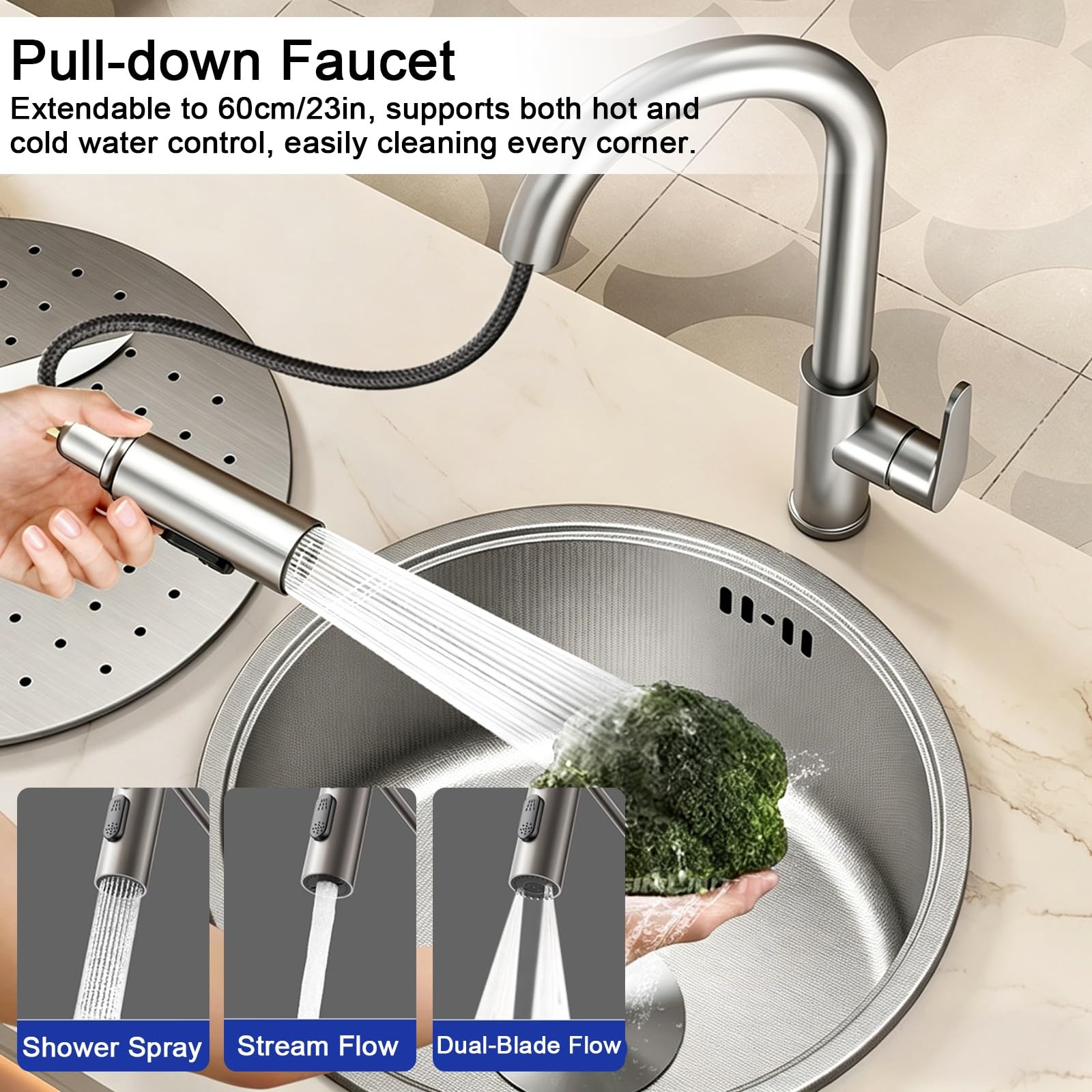 Combo de fregadero de cocina RV con grifo, acero inoxidable, cubierta oculta y montaje de drenaje para caravana, barco, furgoneta, 40 cm