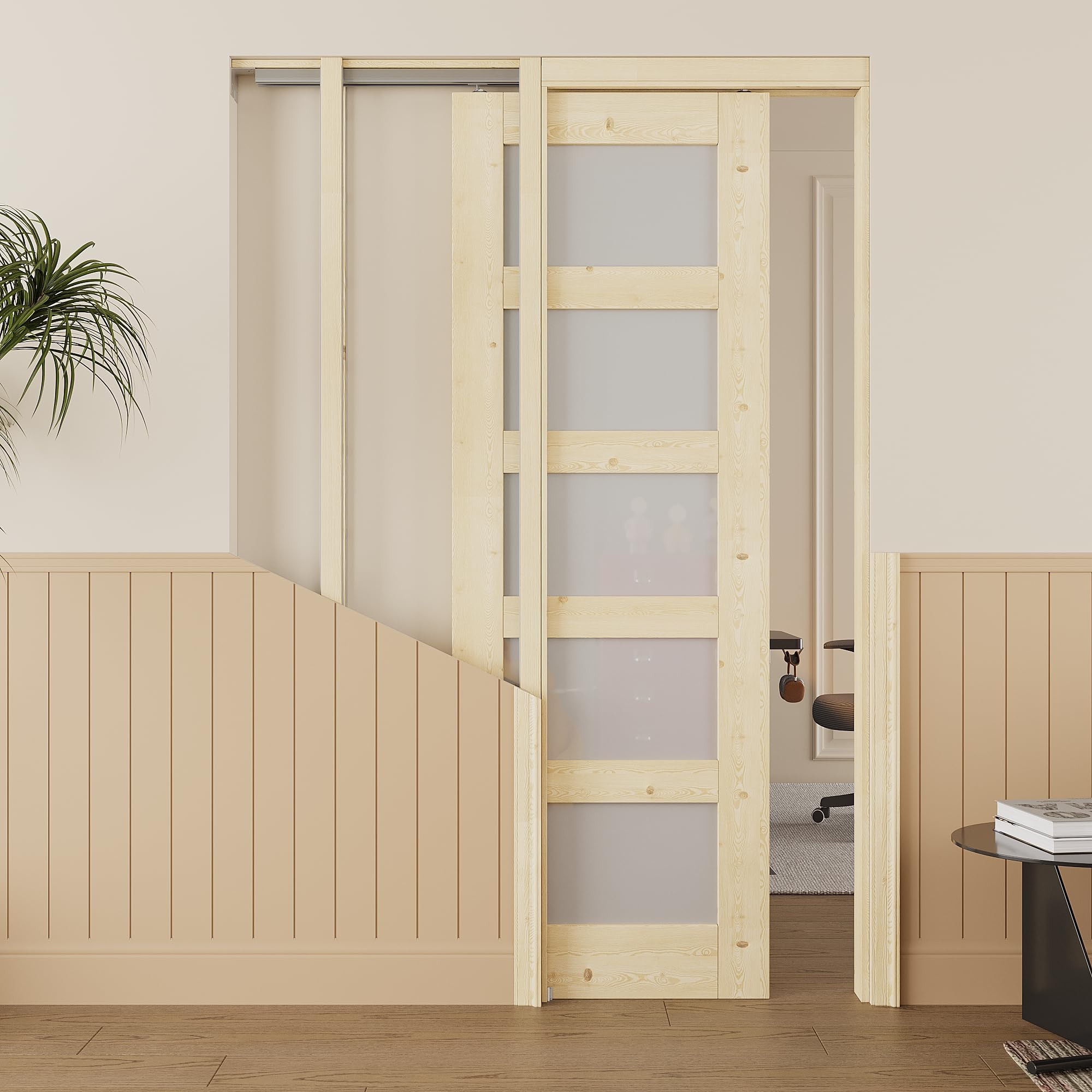 24x80 Sliding Pocket Door,5 Lite Pine Frosted Glass Doors,Hidden Doors