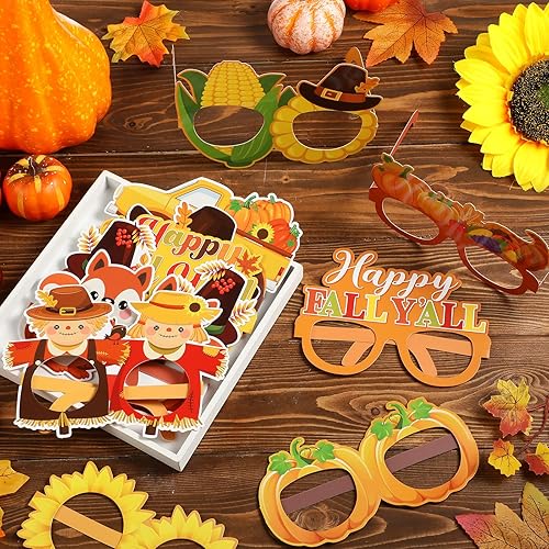 Miniatura 4 de Harrycle 32 lentes de papel para decoración de fiesta de otoño, Acción de Gracias, accesorios para cabina de fotos, calabaza, hoja de arce,