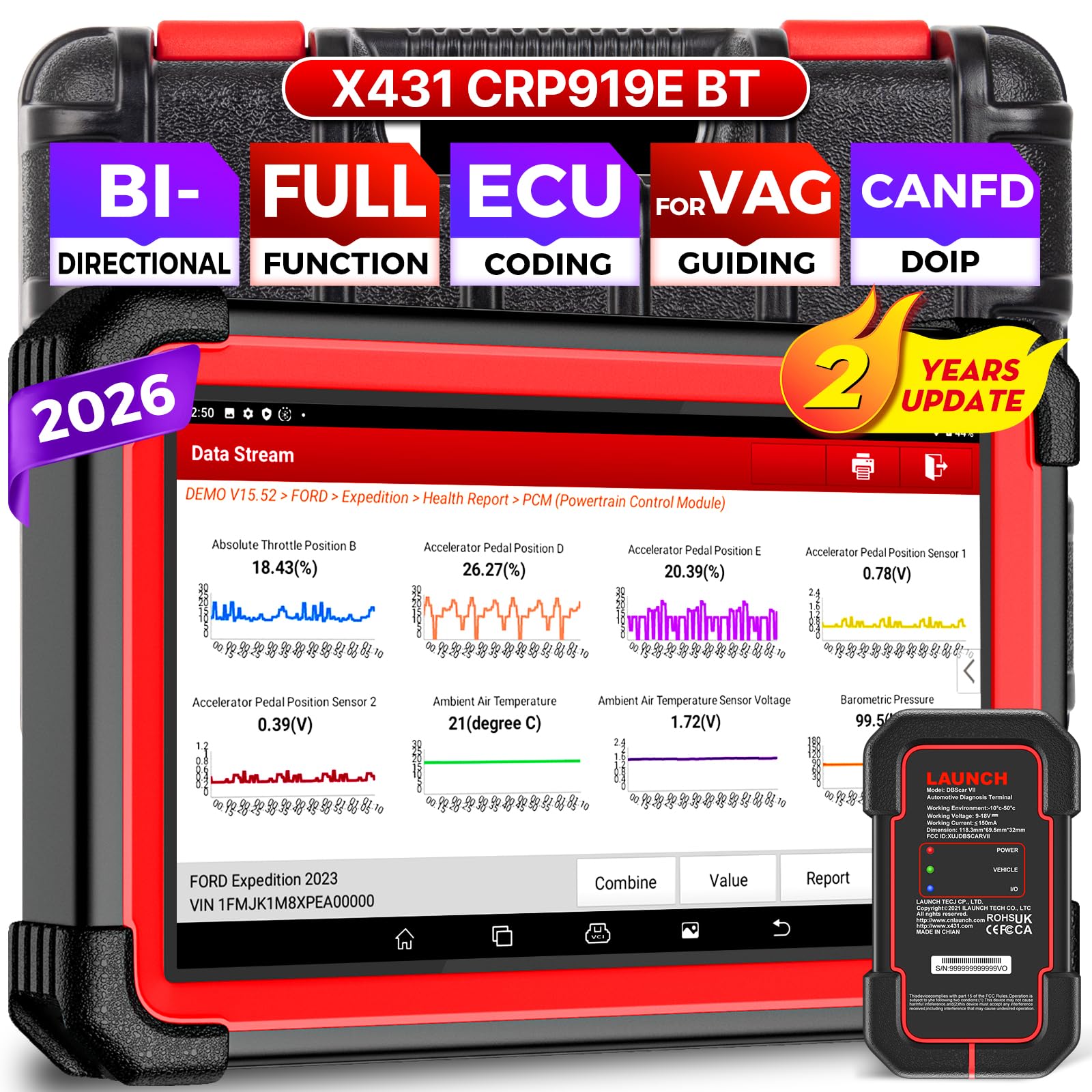 LAUNCH X431 CRP919E BT OBD2 Diagnosegerät Auto,OE-Level Alle Systemdiagnose & Bidirektionale Steuerung,kfz Tester mit 45+ Reset-Services,ECU-Kodierung,für VAG Geführte,FCA, CANFD+DOIP, 2 Jahre Update