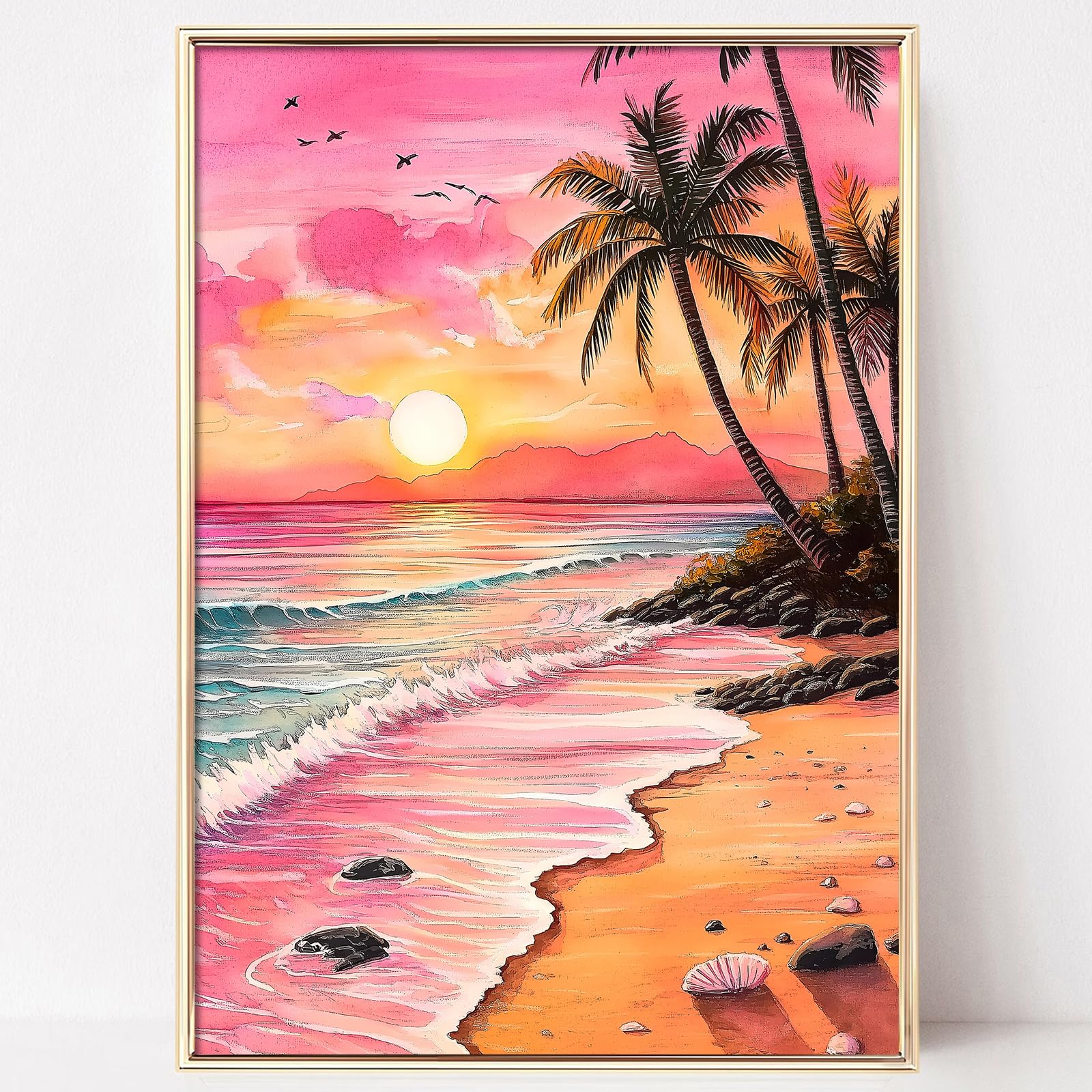 Pink Beach Canvas Wall Art Coastal Pictures Sunset Poster Beach Tropical Painting Beachy Aesthetic Wall Prints Scenery Pictures Ocean Landscape