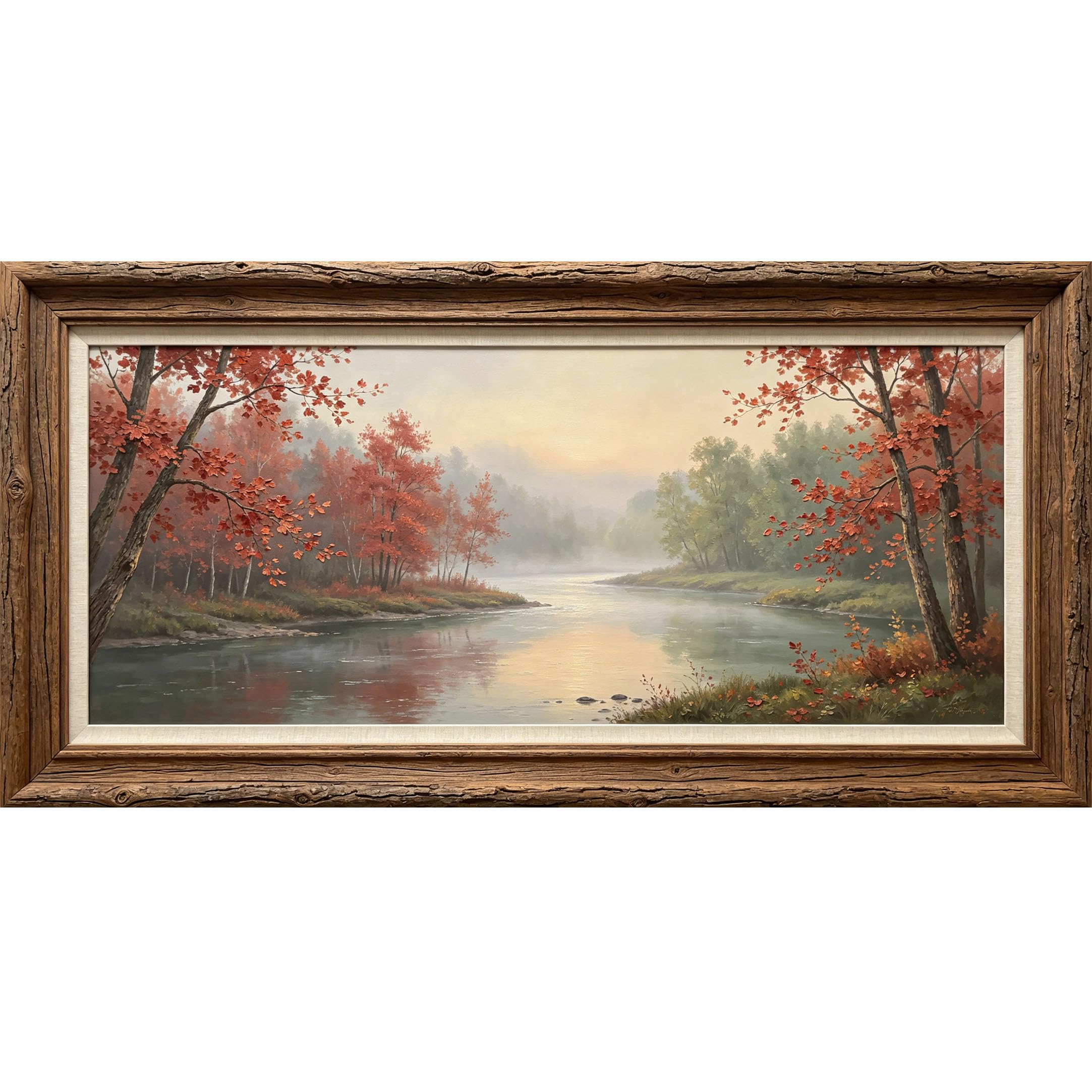 Agglomerix 3D Framed Wall Art Autumn River Forest Landscape Oil Painting Red Leaves Morning Mist Large Size SelfAdhesive Removable Wall Decor Prints Artwork for Living Room Bedroom Office