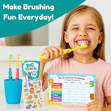Kids Toothpaste Bundle – 4 Big Teeth Toothpastes, 2 Kids Toothbrushes, Brushing Reward Chart & Puffy Stickers for Children - Child Travel Toothpaste Kit for Daily Oral Health (Packaging May Vary)