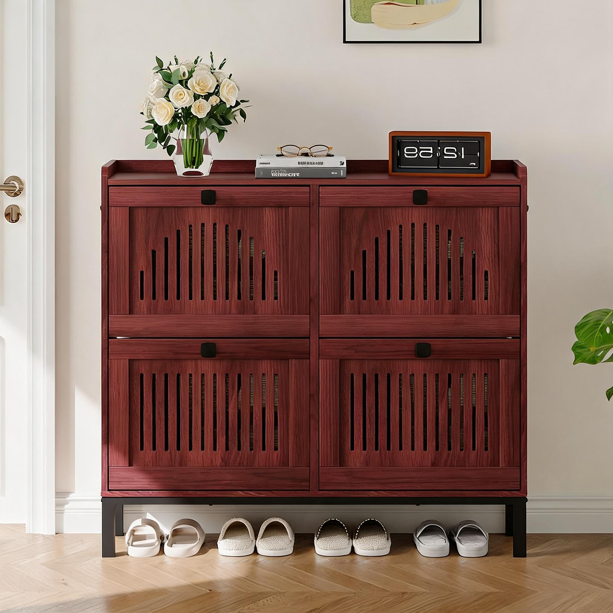 Schmaler Schuhschrank mit 4 Klappfächern - verstellbare Einlegeböden - Kippschutz - belüftete Front - großer Stauraum, freistehend für Flur/Diele - Farbe: Walnut