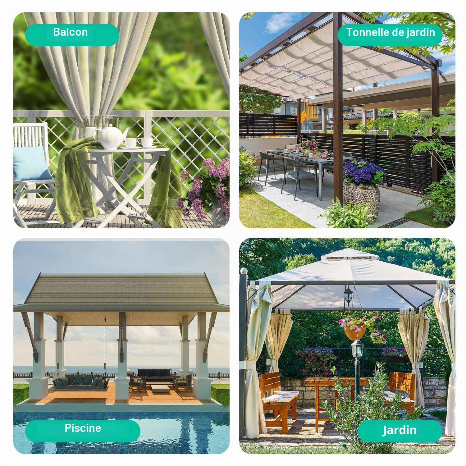 Lot de 2 rideaux d'extérieur opaques et imperméables avec œillets - 213 x 254 cm (H x l) - Résistant aux intempéries - Brise-vue - Protection solaire - Pour jardin, terrasse, balcon, pavillon