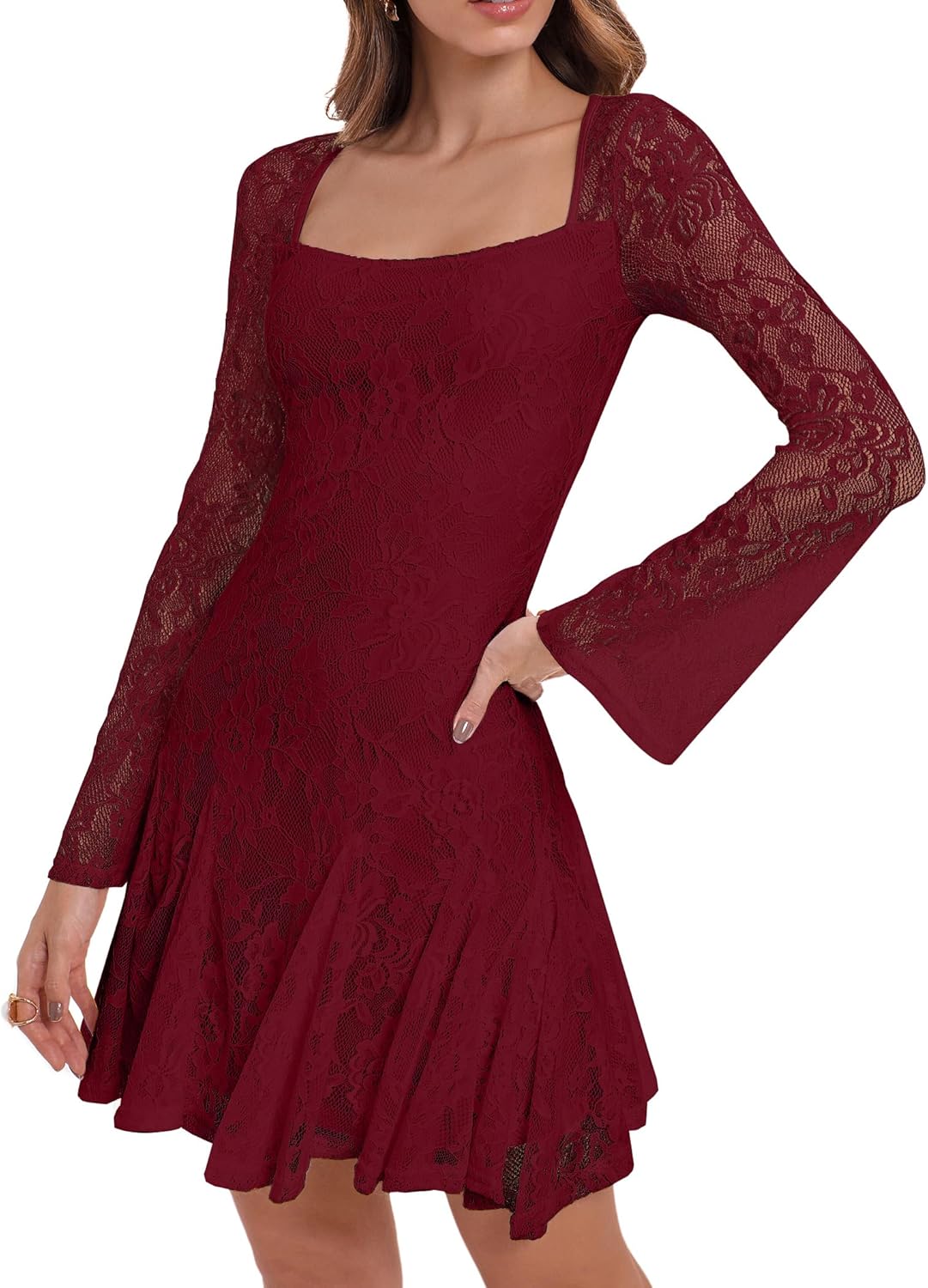 HYPERFIRE Women's Square Neck Floral Lace Mini Dress Flowy Short Dress Mesh Night Out Dresses Club Outfit