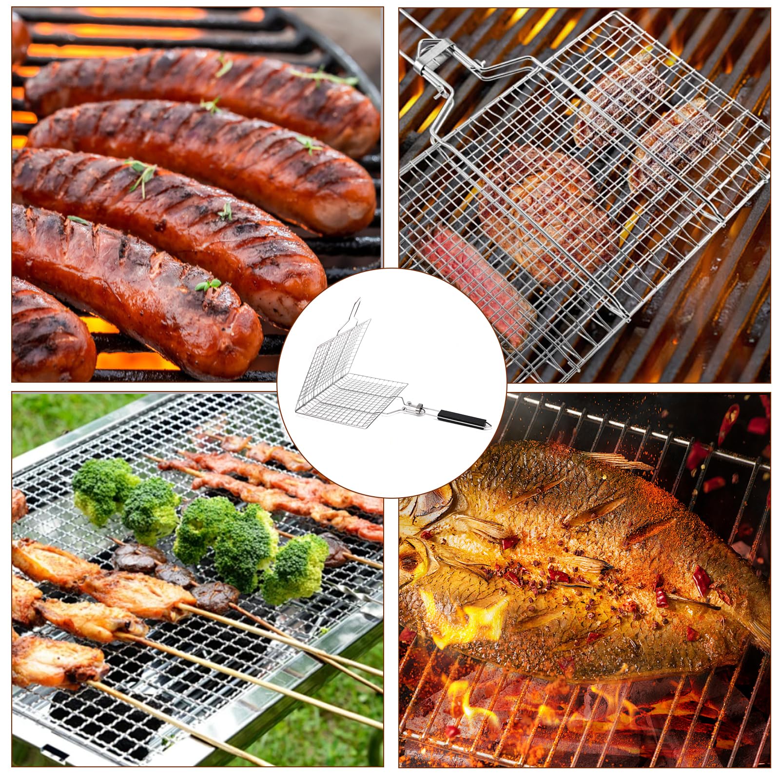 Panier De Barbecue En Acier Inoxydable Pliable - Avec Poignée Et Brosse - Pour Viandes, Légumes, Poisson - 53x26 Cm