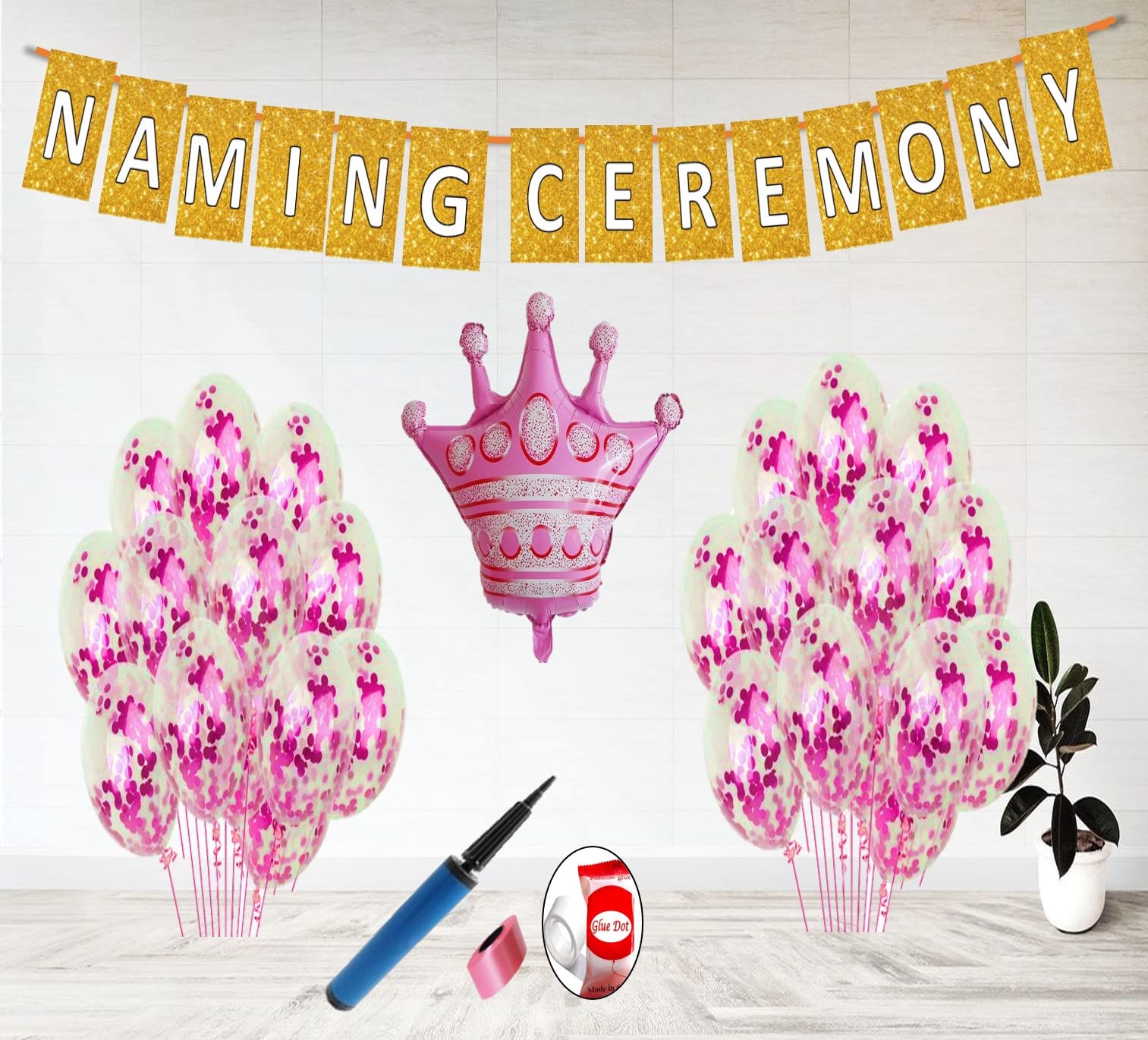 Monkey Tail Naming Ceremony Golden Theme Decoration Set (34 pcs) with Banner, Confetti Balloon, Blower, Curly for Naming Day/Baptism Party Decor