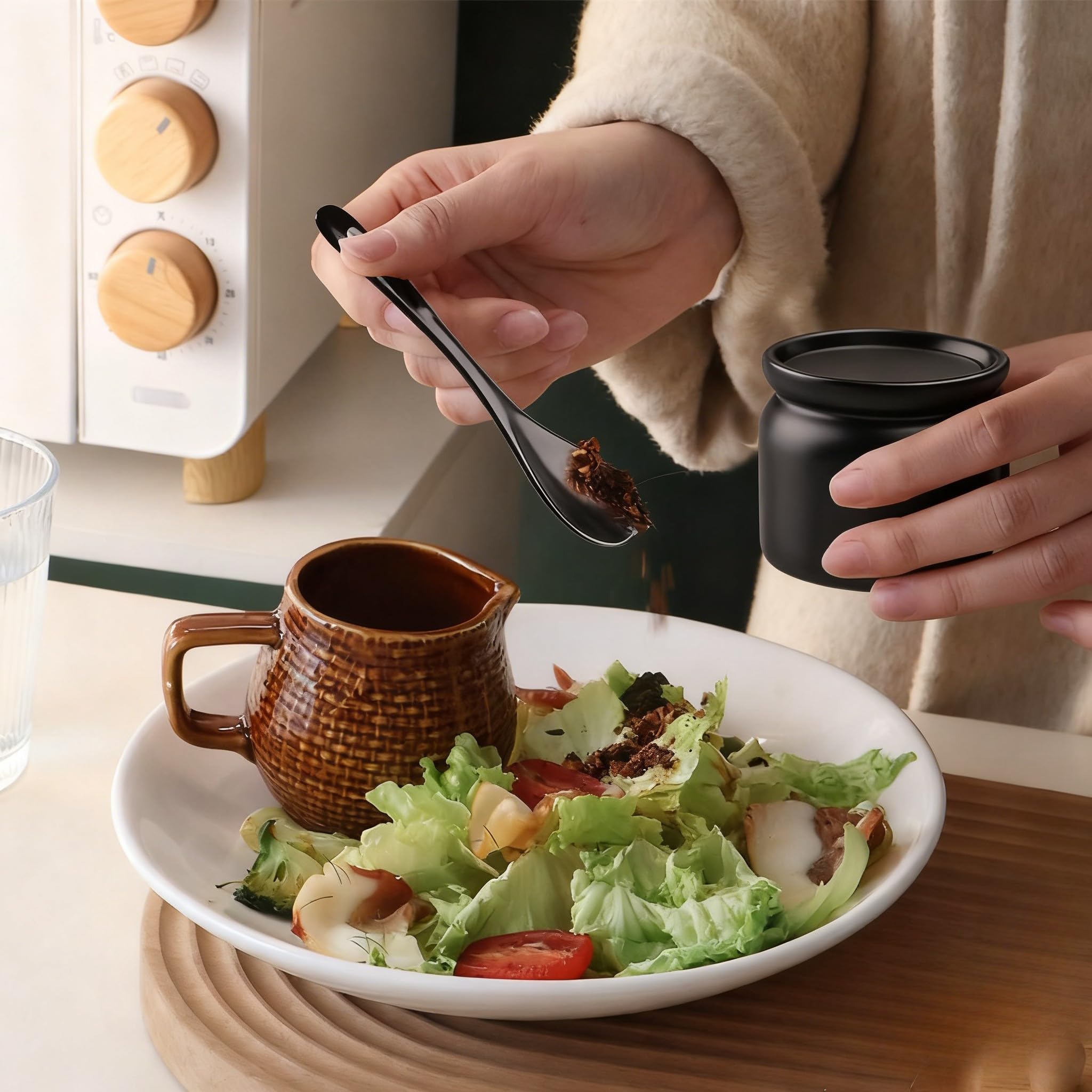 Keramik Zuckerdose Schwarz Bambusdeckel mit Löffel 180 ml 6.8 x 8cm | Luftdichte Keramik Zuckerdose mit Bambusdeckel & Löffel, platzsparend, für Zucker Salz Gewürze Küche
