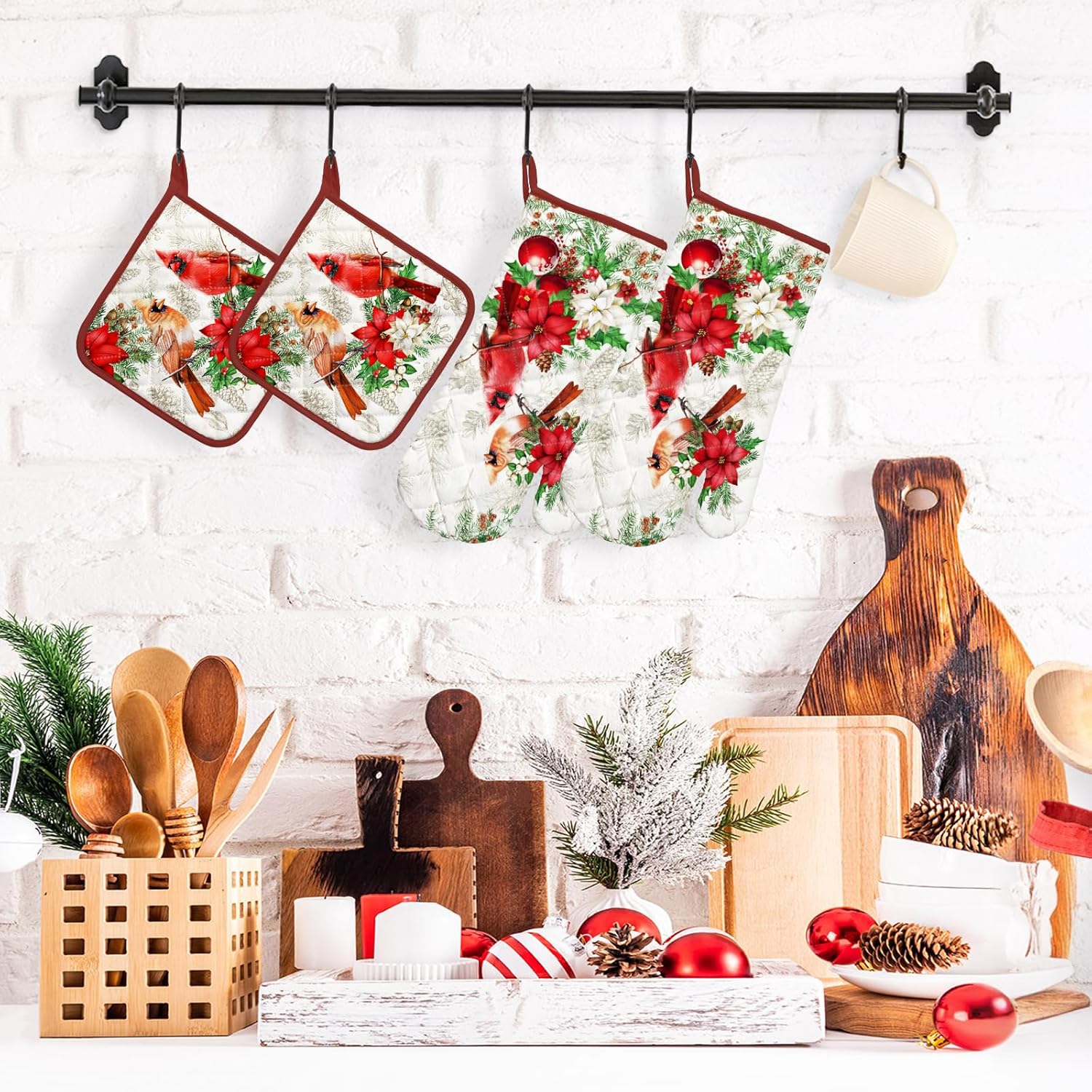Christmas Cardinal Oven Mitts and Pot Holders Sets 4Pcs, 100% Cotton Heat Resistant, Extra Long Oven Gloves Potholder for Kitchen Cooking Baking Decoration - Image 5