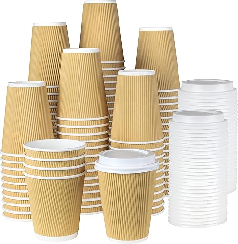NYHI 100 vasos de papel kraft ondulados de 12 onzas, marrón, caliente, frío, con tapas, 3 capas onduladas, pequeñas, aisladas, desechables, para