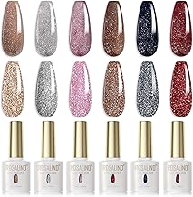 ROSALIND Semi-Permanent Glitter Nail Polish, Brown, Silver, Pink, Black, Red, 6 Pieces Semi-Permanent Glitter UV LED Nail Polish Soak Off Gel Polish 7 ml