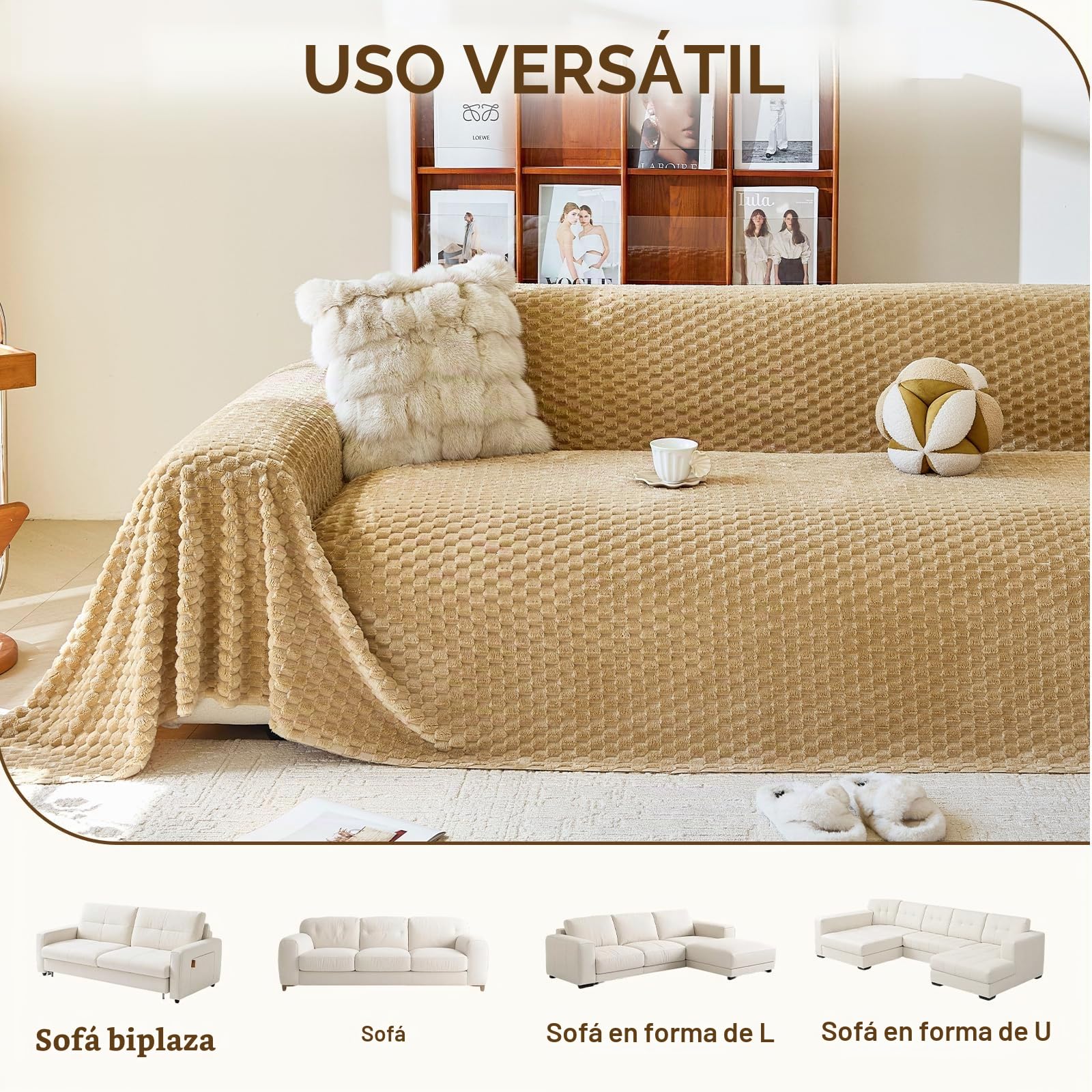 Royhom Manta Cubre Sofa Peluda, Funda Sofa 3 Plazas, Funda para Sofá Camel, Fundas Sofá con Base Antideslizante, Antiarrugas (Peluda Camel, 180x340 cm)