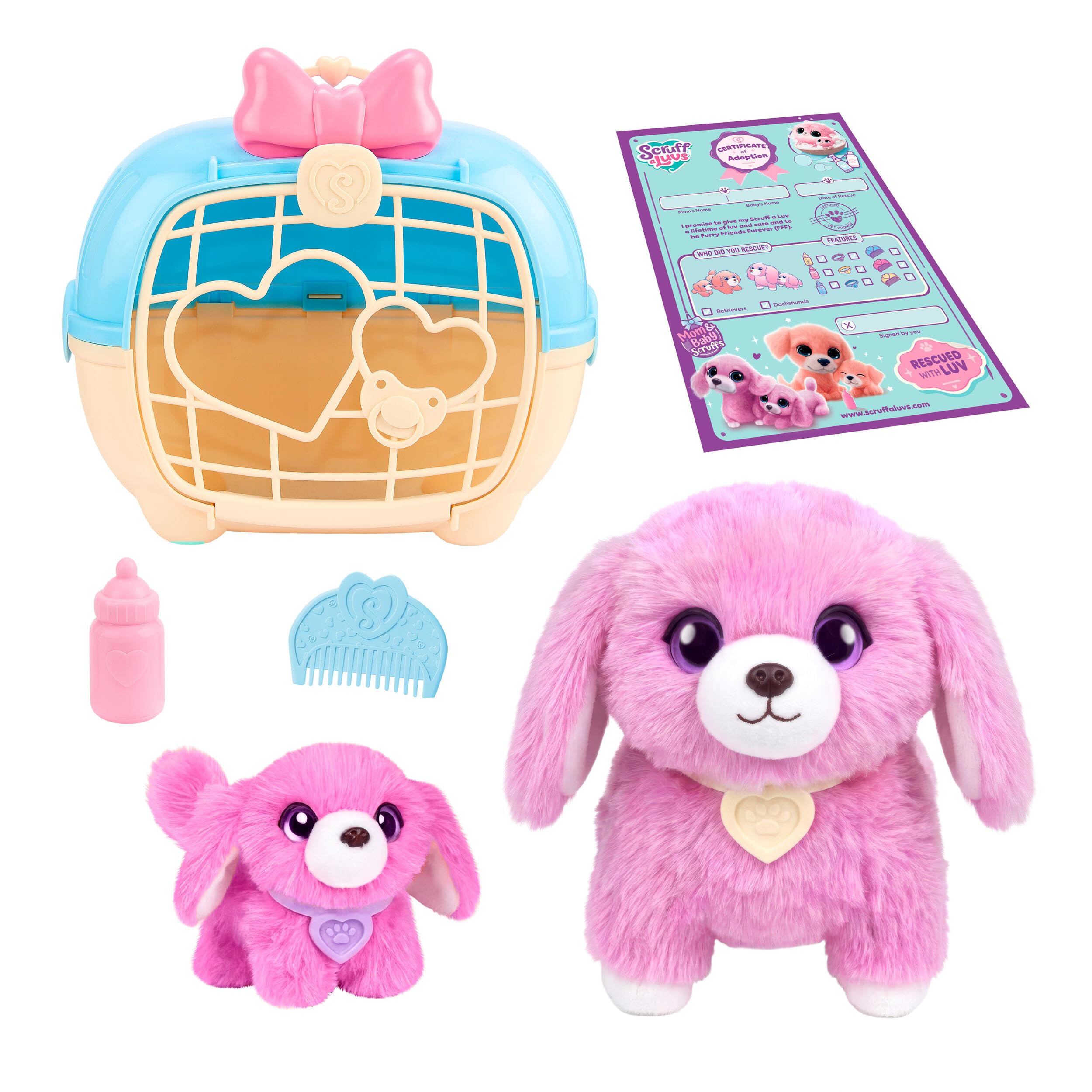 ScruffaLuvs Maman et bébé - Teckel - Peluches mystère, Lave et découvre Une Famille de teckels, 1 Chance sur 10 de trouver des Jumeaux - 4 Accessoires et Caisse de Transport Deluxe de 25 cm