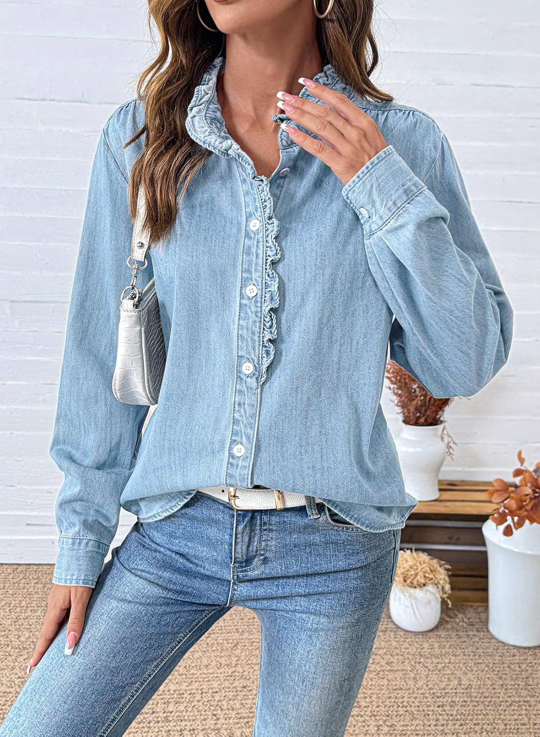 Sidefeel Womens Denim Shirt Button Down Long Sleeve Ruffled Edge Jean Blouses Tops - Image 5