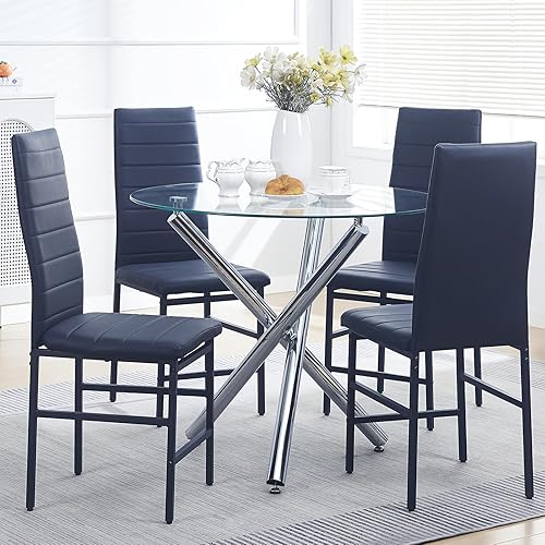 paonne Juego de mesa de comedor redonda para 4, mesa de cocina redonda de vidrio y sillas para 4, mesa redonda de vidrio templado con sillas de