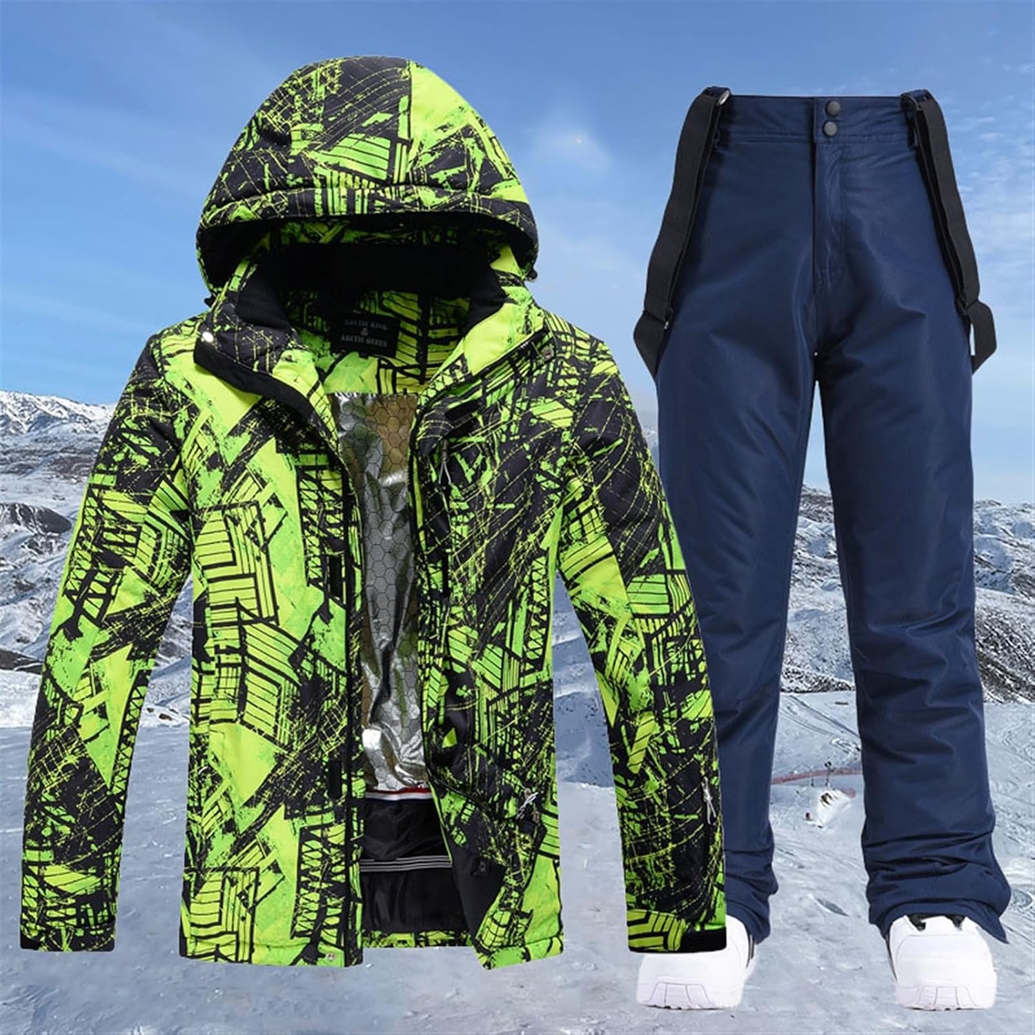 Mens Winter Waterproof Windproof Hooded Math Pattern Printed 2 Pieces Snowboarding Sno Ski Wsuits