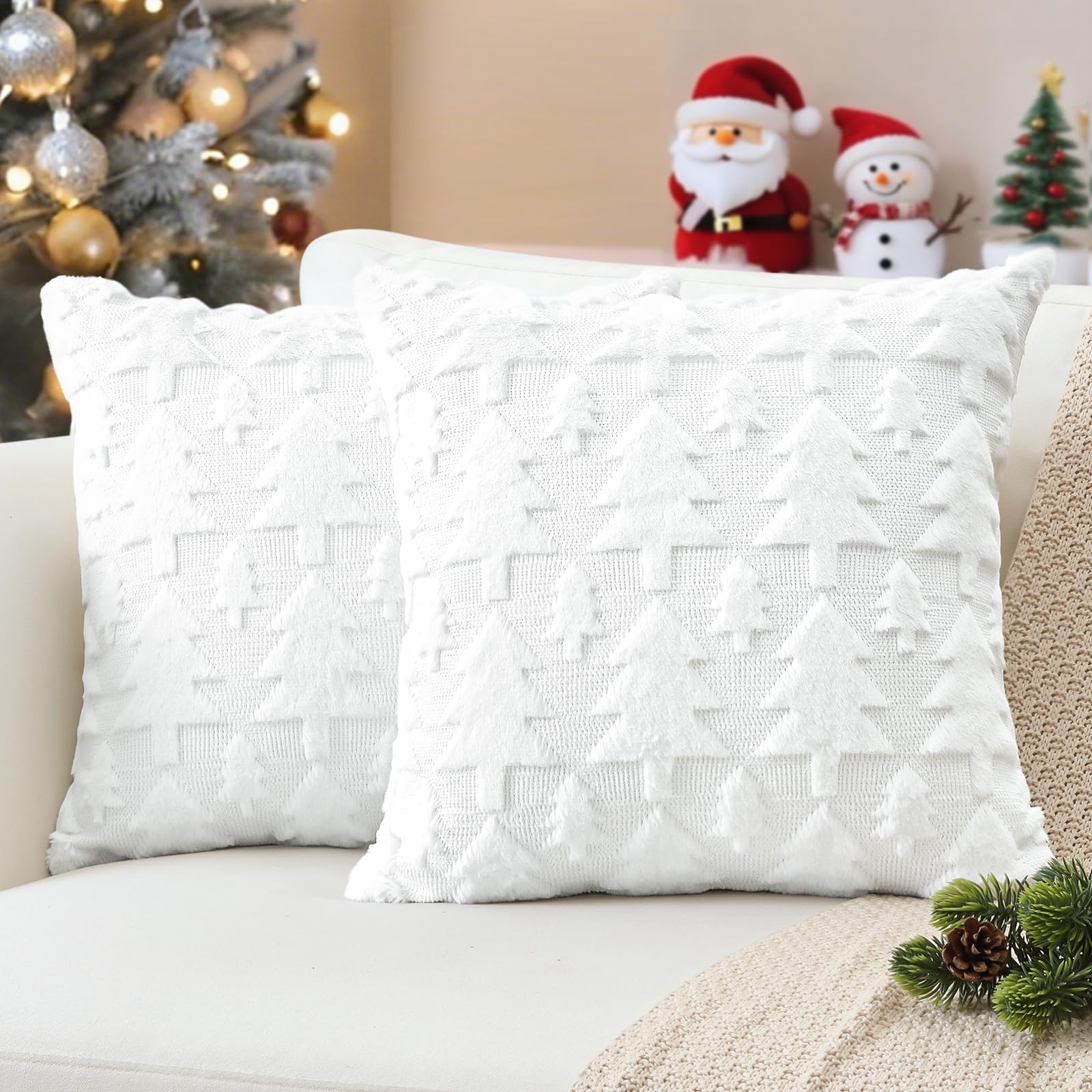 JOTOM Christmas Cushion Covers 40x40cm Set of 2 Christmas Tree Winter Holiday Decorative Throw Pillow Covers Soft Plush Faux Fur Pillow Case for Home Bed Couch Sofa Decor (White) — image 1