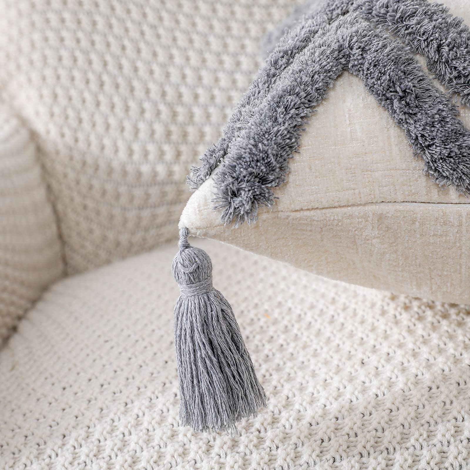 PANOD Copricuscino Decorativo In Peluche Morbido, 30x50 Cm, Motivo Diamante Trapuntato Con Nappe, Stile Bohémien, Federa Per Cuscino Lombare, Colore Bianco Crema