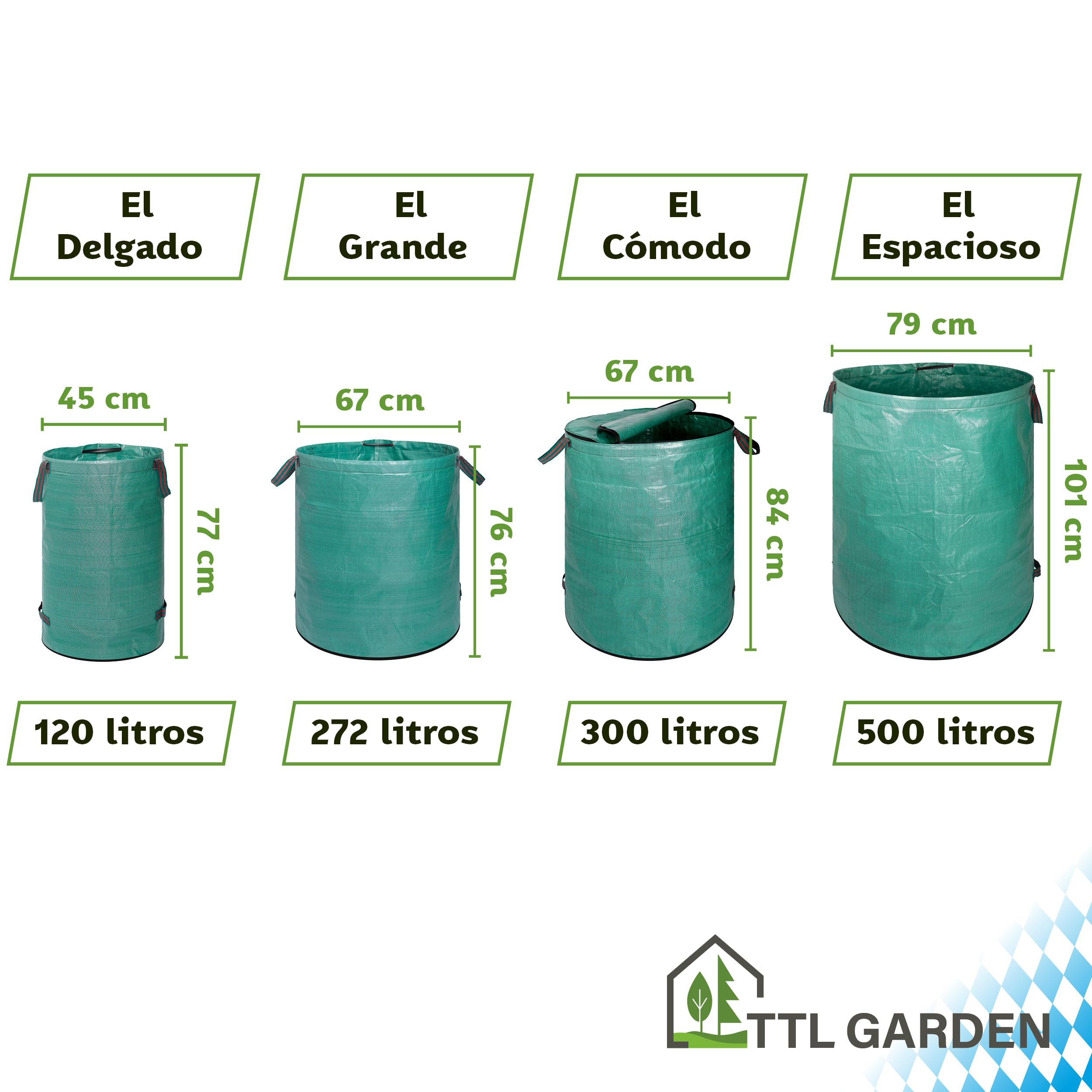 TTL Garden - Bolsas de jardín (500 L, doble fondo extra estable, autoportante, 4 asas de 150 g/m², extra grandes y robustas y plegables, juego de 2 bolsas de jardín, para hierba, hojas,