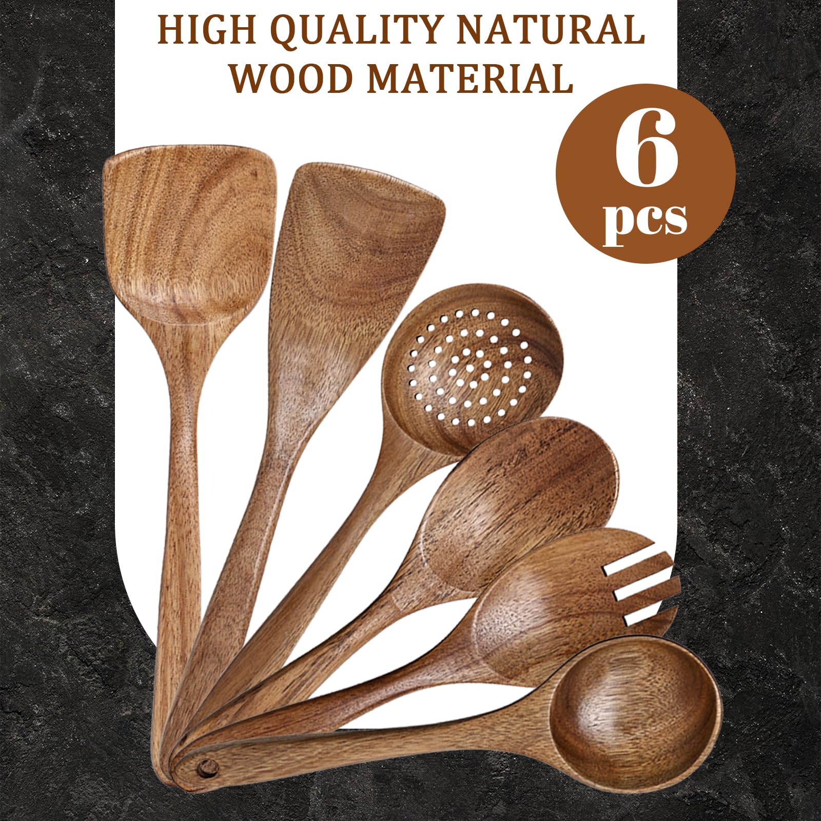 HAKSEN Holz-Kochutensilien, natürliches Akazienholz, Küchenutensilien, Holzspatel zum Servieren, Rühren, Kochen, Mischen, 10 Stück