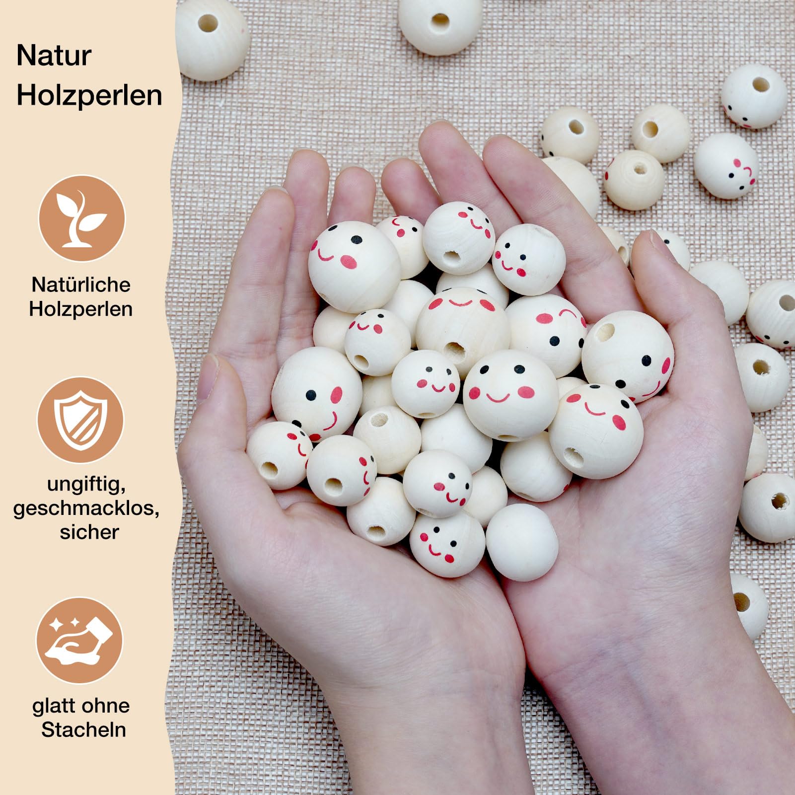 100 Stück Holzperlen Mit Gesichtern 20mm - Für Sorgenwürmchen & Basteln