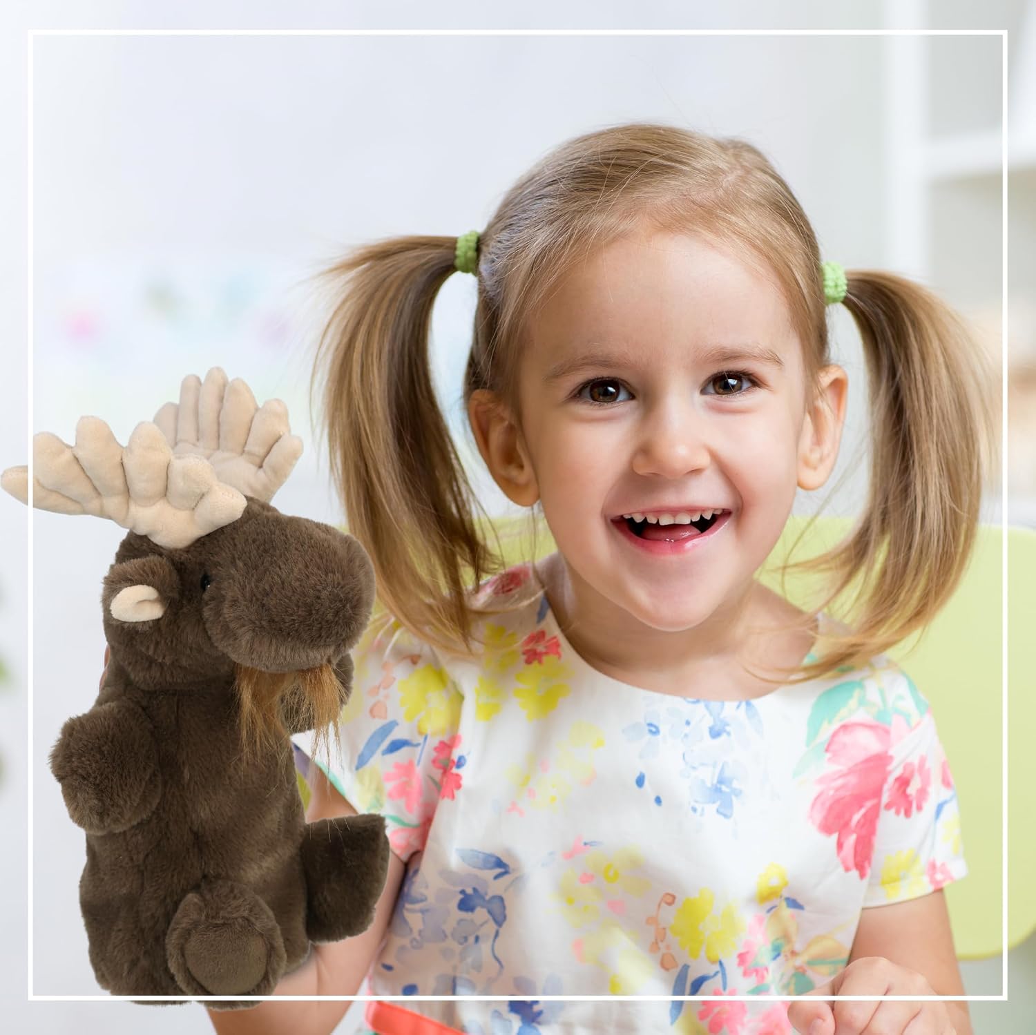 DolliBu Wild Moose Plush Hand Puppet - Super Soft Stuffed Animal Wild Moose Puppet Toy for Kids, Educational Cute Plush Puppets for Teaching, Games, and Shows