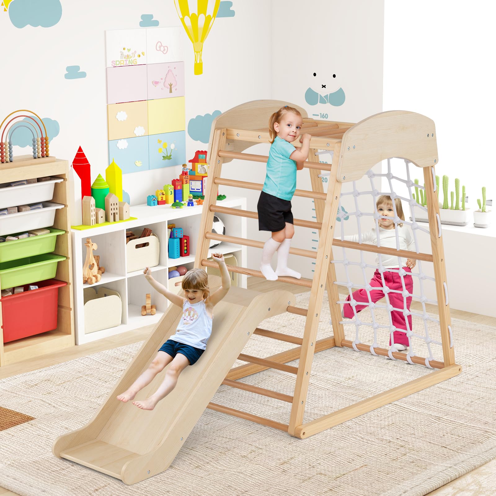 GOPLUS 4 en 1 Triangle d’Escalade Montessori, Triangle Escalade avec Toboggan et Filet d’Escalade Aire de Jeux Montesorri, Charge 50KG pour Enfants 1 an+ (Naturel)