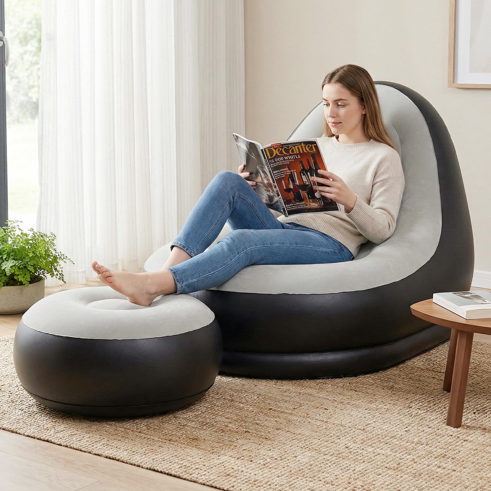 COSTWAY Sofá Hinchable con Otomana, Sofá Portátil para Adultos con Superficie Flocada, Portavasos Integrado, Silla Individual Hinchable para Exterior, Interior, Camping, Viajes, Sin Bomba