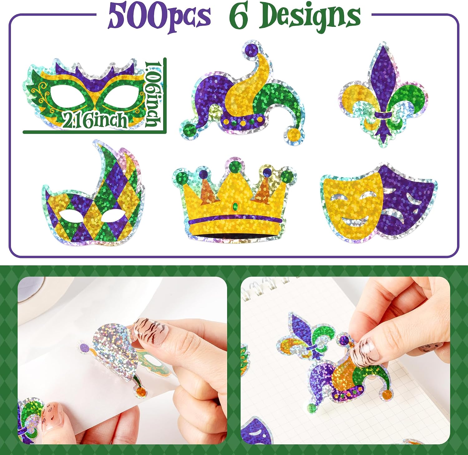 500Pcs Mardi Gras Stickers Roll Holographic Laser Yellow Green Purple Fleur de Lis Waterproof Self-Adhesive Decals for New Orleans Carnival Holiday DIY Crafts Party Favors Gifts Envelope Journal Decor image 2