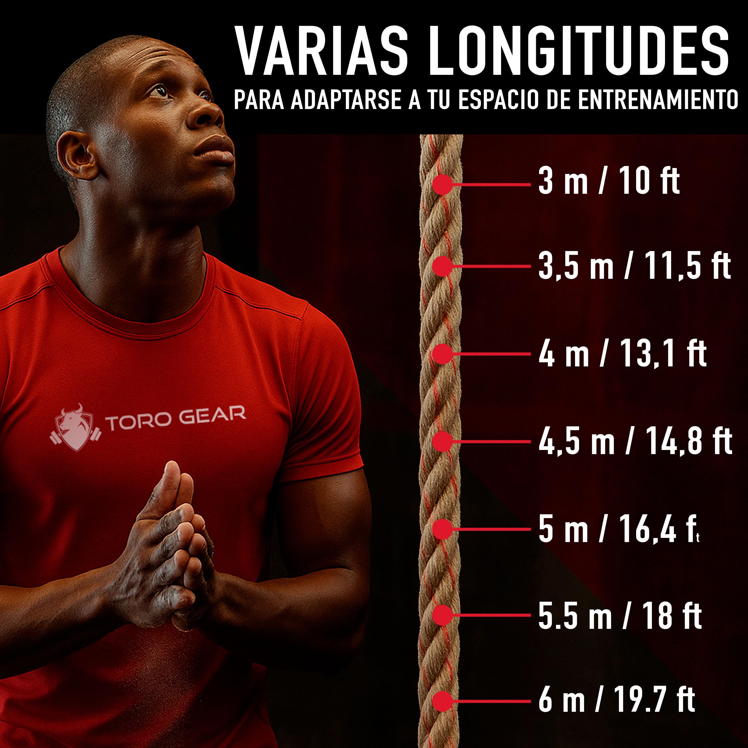 Cuerda para trepar de Yute 38 milímetros, 3-6 Metros – SOGA Crossfit, Batalla o Battle Rope, gimnasios, Bomberos – con Gancho para Aire Libre, Entrenamiento de Fitness y Fuerza